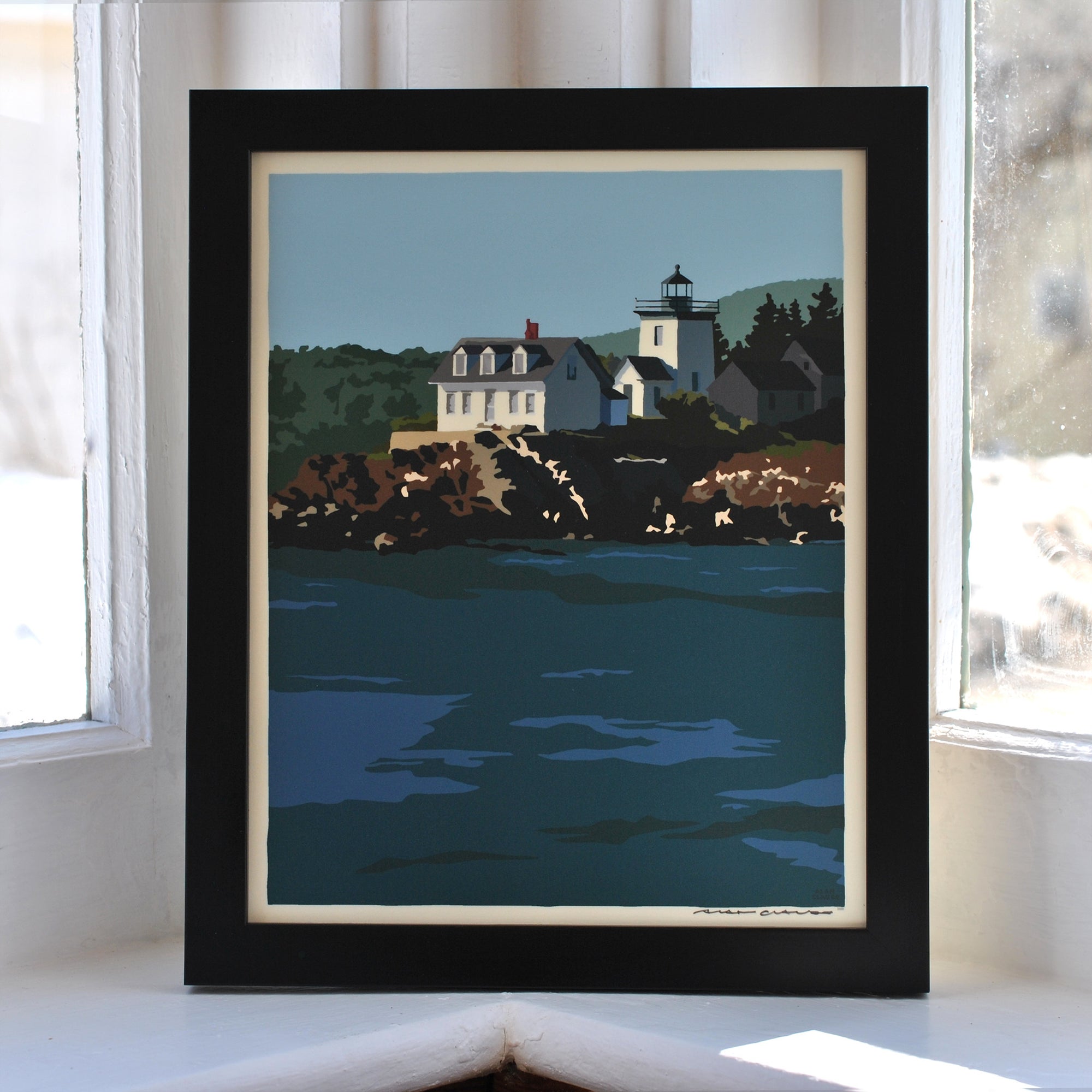 Indian Island Light Art Print 8" x 10" Framed Wall Poster By Alan Claude - Maine