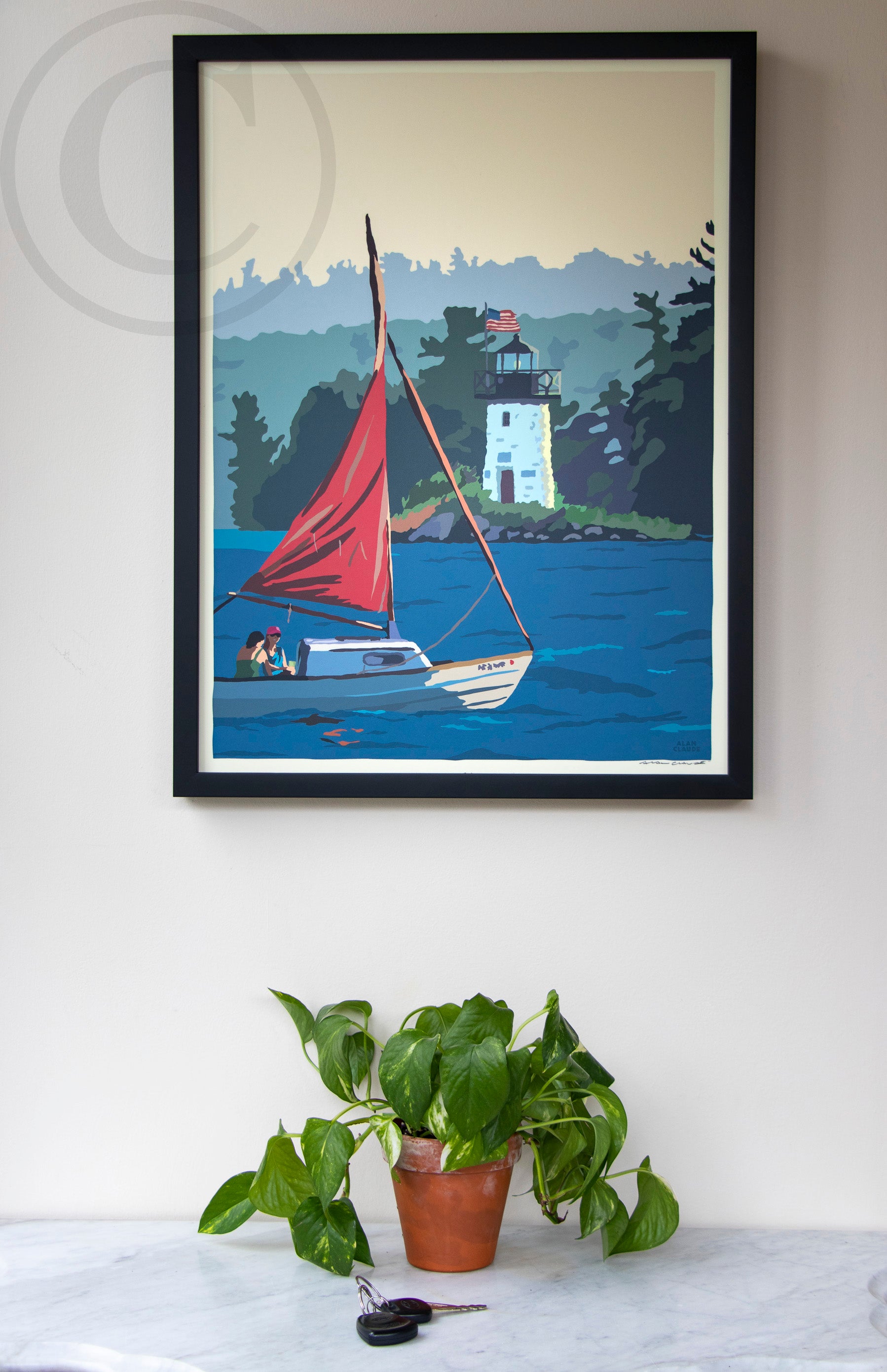 Sailing Ladies Delight Lighthouse Art Print 18" x 24" Framed Wall Poster By Alan Claude - Maine