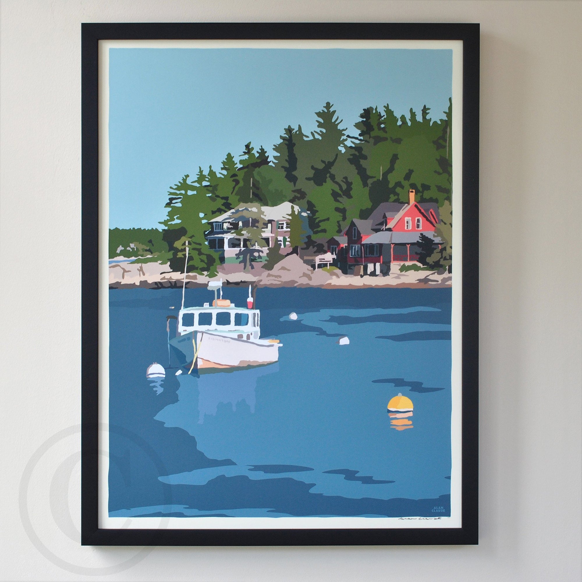 Lobster Boat at Five Islands Art Print 18" x 24" Framed Wall Poster By Alan Claude - Maine