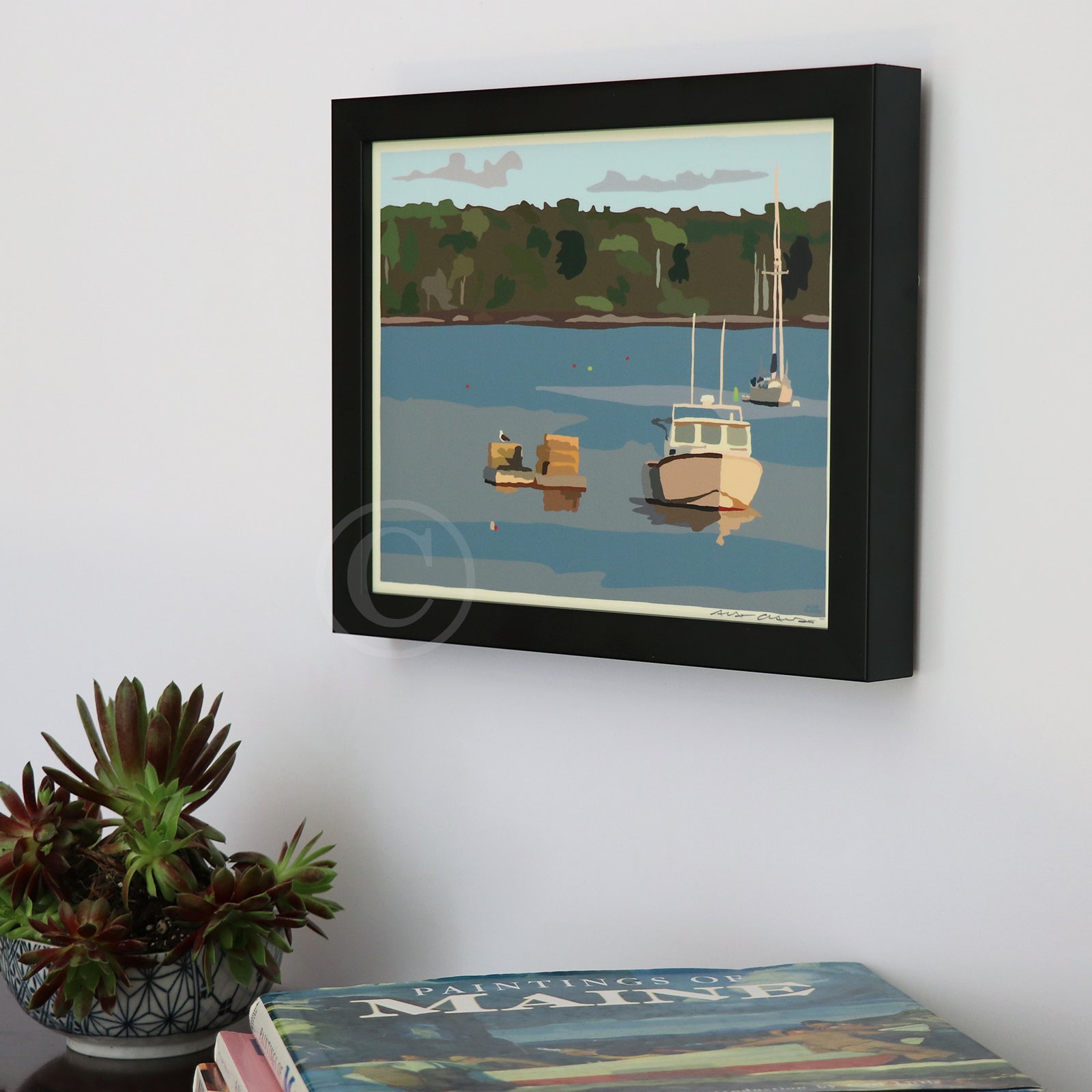 Lobster Boat in Round Pond Harbor Art Print 8" x 10" Horizontal Framed Wall Poster By Alan Claude - Maine