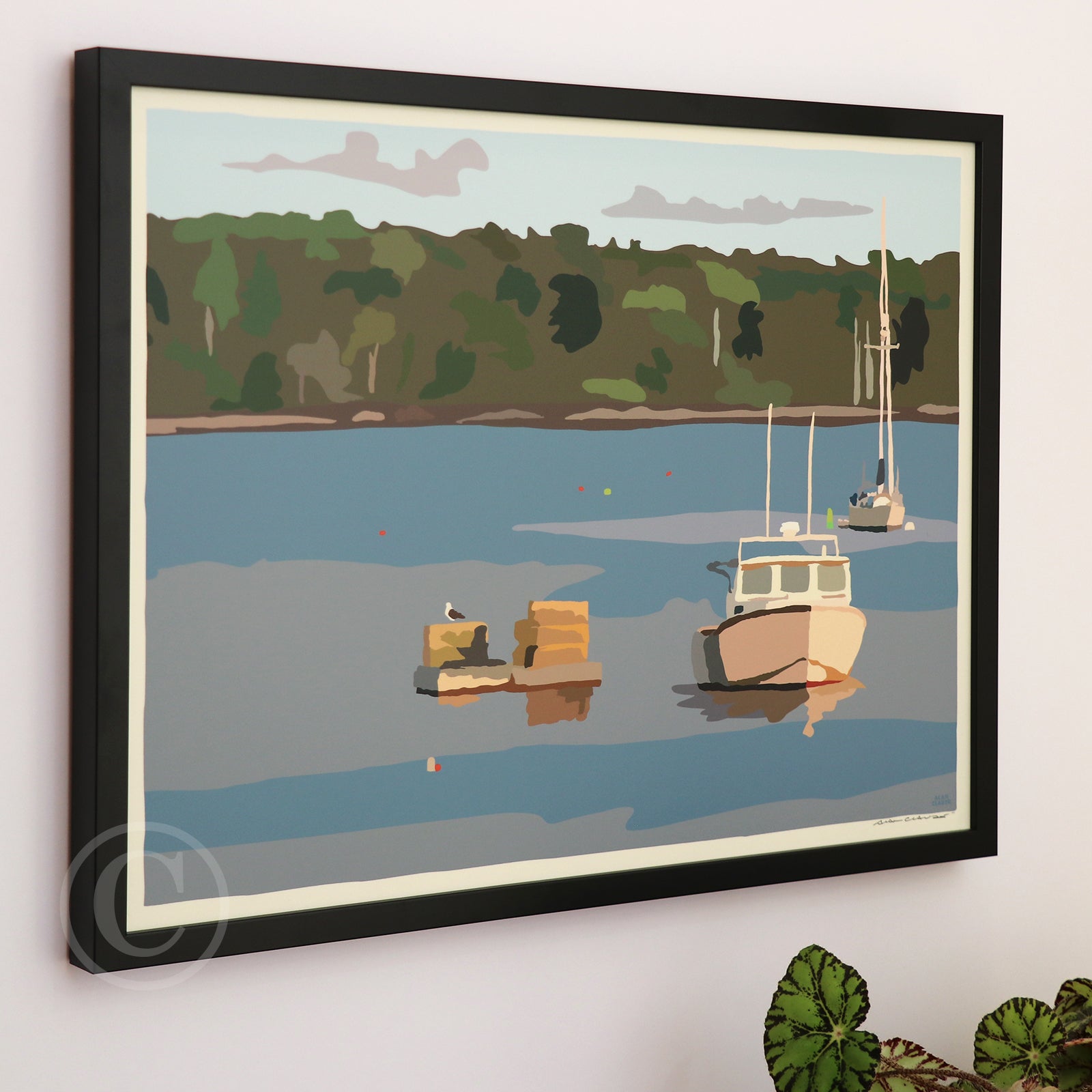 Lobster Boat in Round Pond Harbor Art Print 18" x 24” Horizontal Framed Wall Poster By Alan Claude - Maine