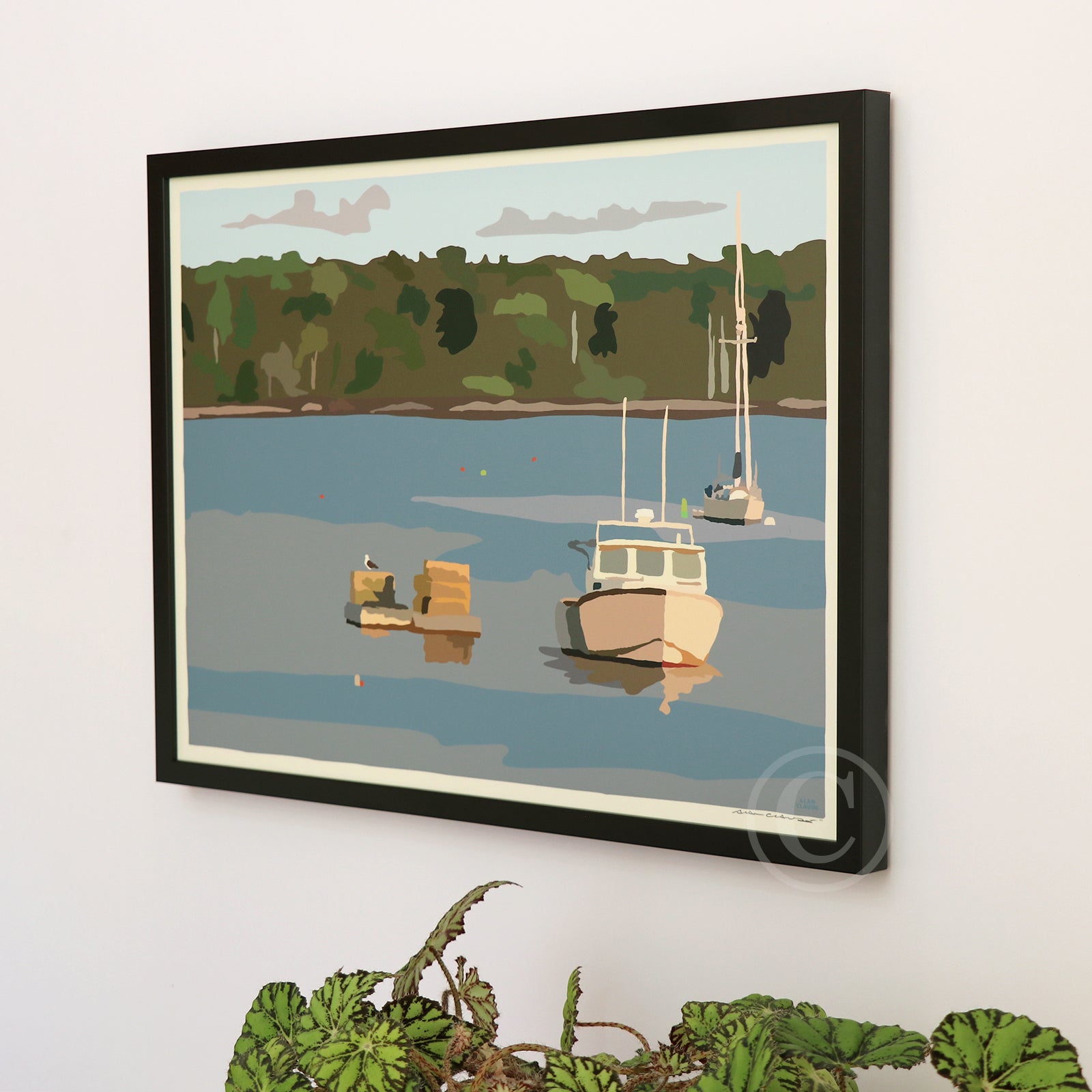 Lobster Boat in Round Pond Harbor Art Print 18" x 24” Horizontal Framed Wall Poster By Alan Claude - Maine
