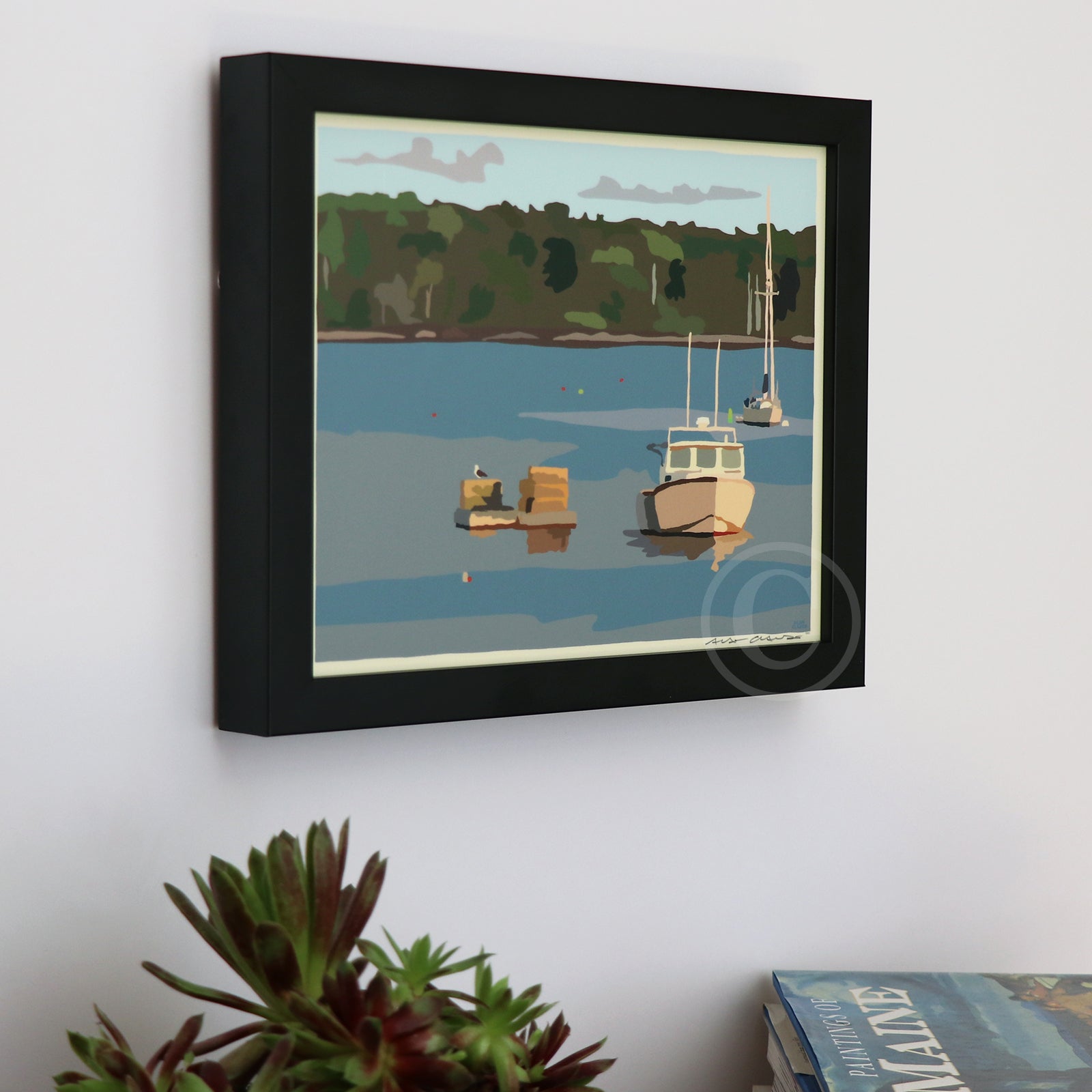 Lobster Boat in Round Pond Harbor Art Print 8" x 10" Horizontal Framed Wall Poster By Alan Claude - Maine