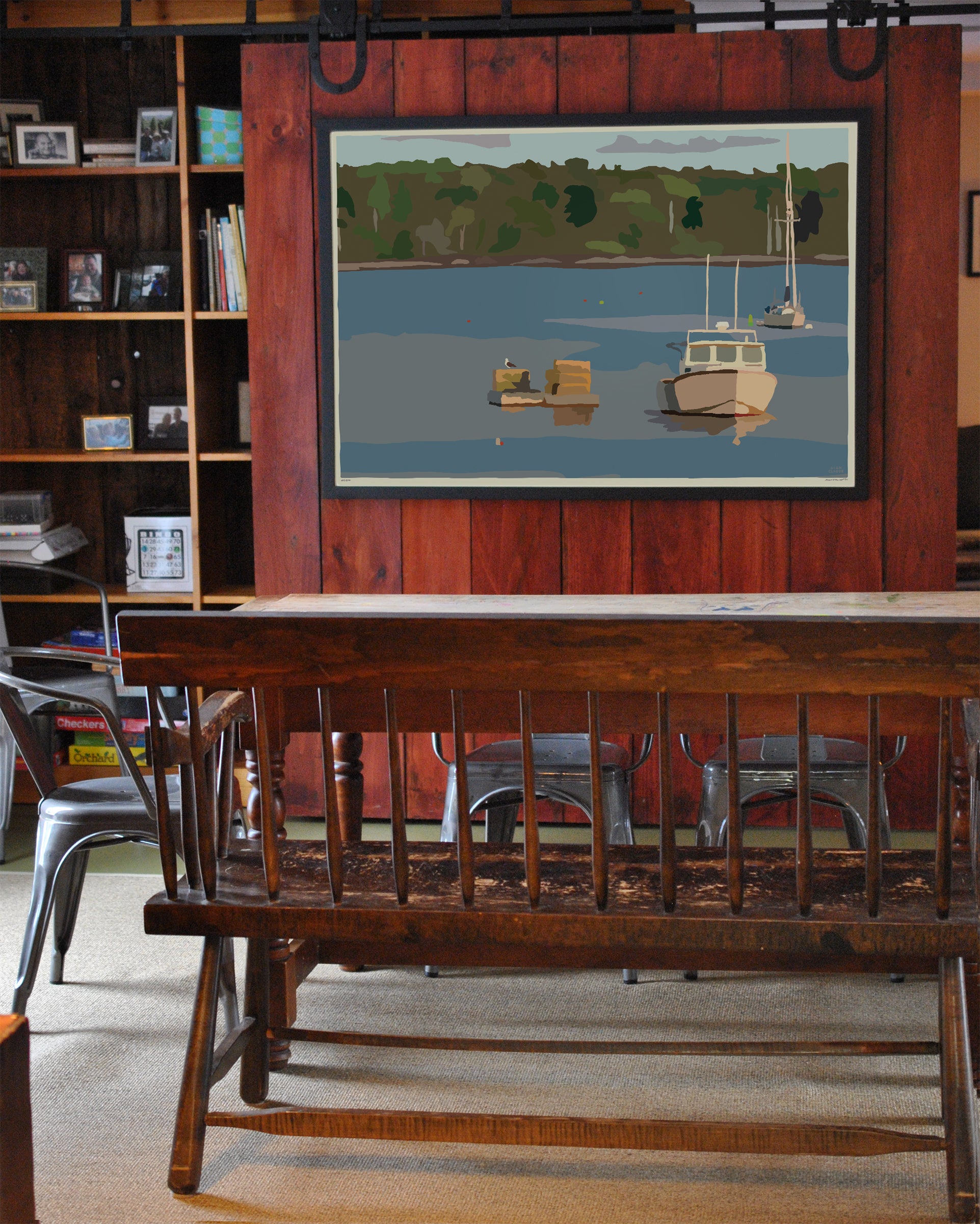 Lobster Boat in Round Pond Harbor Art Print 36" x 53" Horizontal Framed Wall Poster By Alan Claude - Maine
