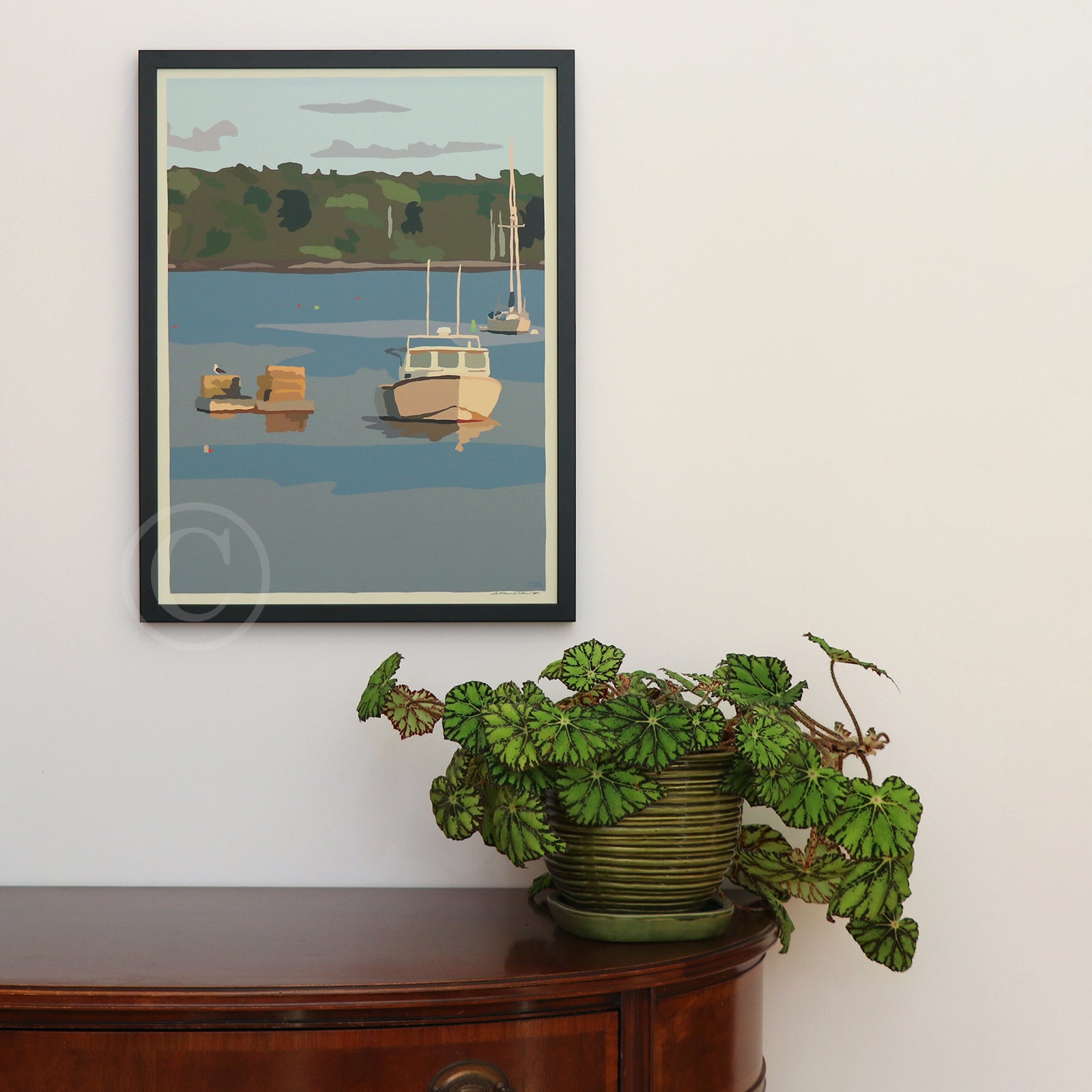 Lobster Boat in Round Pond Harbor Art Print 18" x 24” Vertical Framed Wall Poster By Alan Claude - Maine