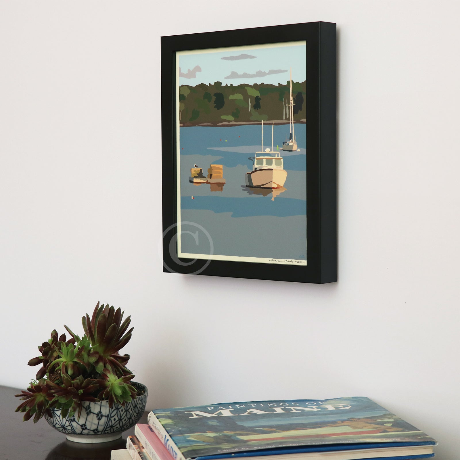 Lobster Boat in Round Pond Harbor Art Print Harbor 8" x 10" Vertical Framed Wall Poster By Alan Claude - Maine
