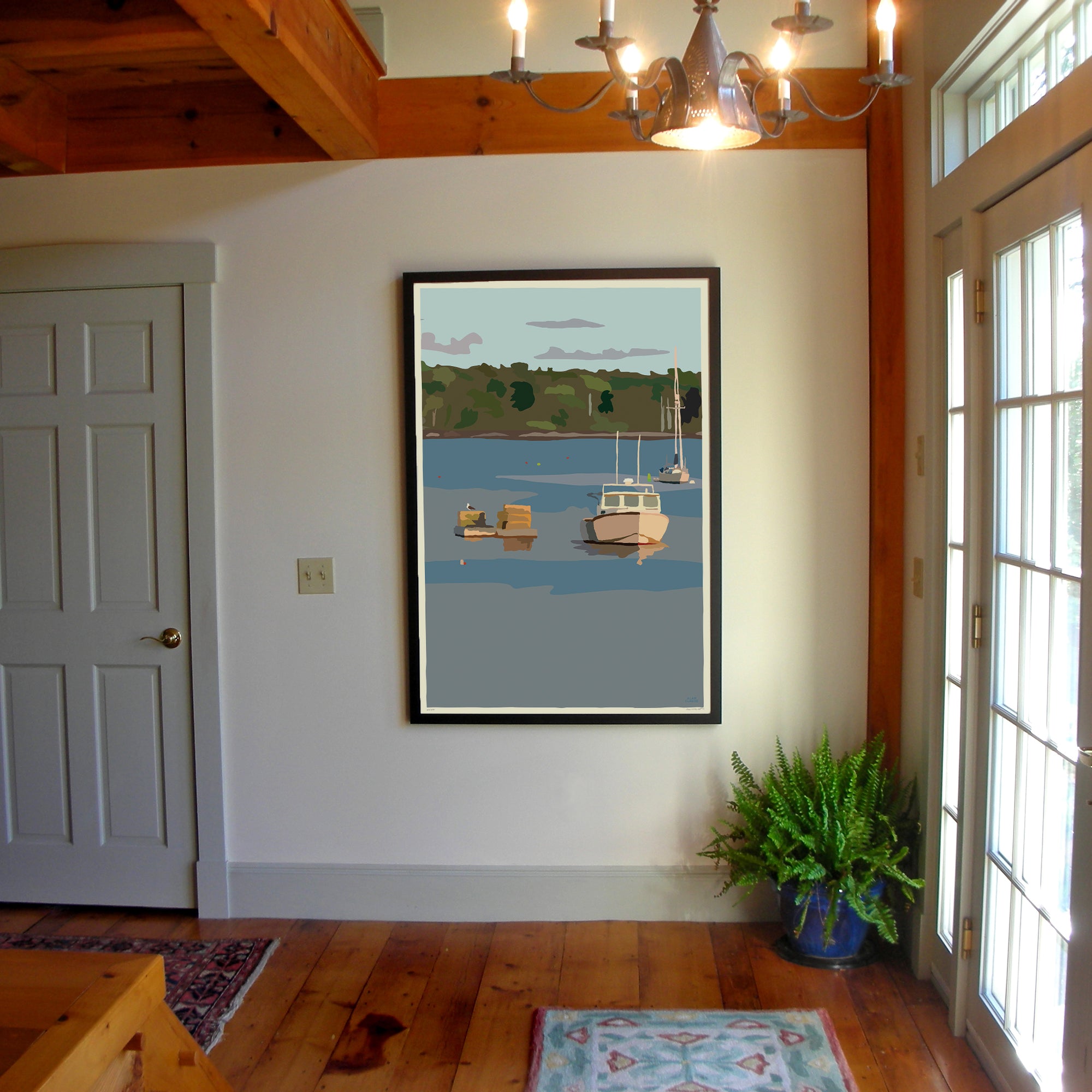 Lobster Boat in Round Pond Harbor Art Print 36" x 53" Vertical Framed Wall Poster - Maine
