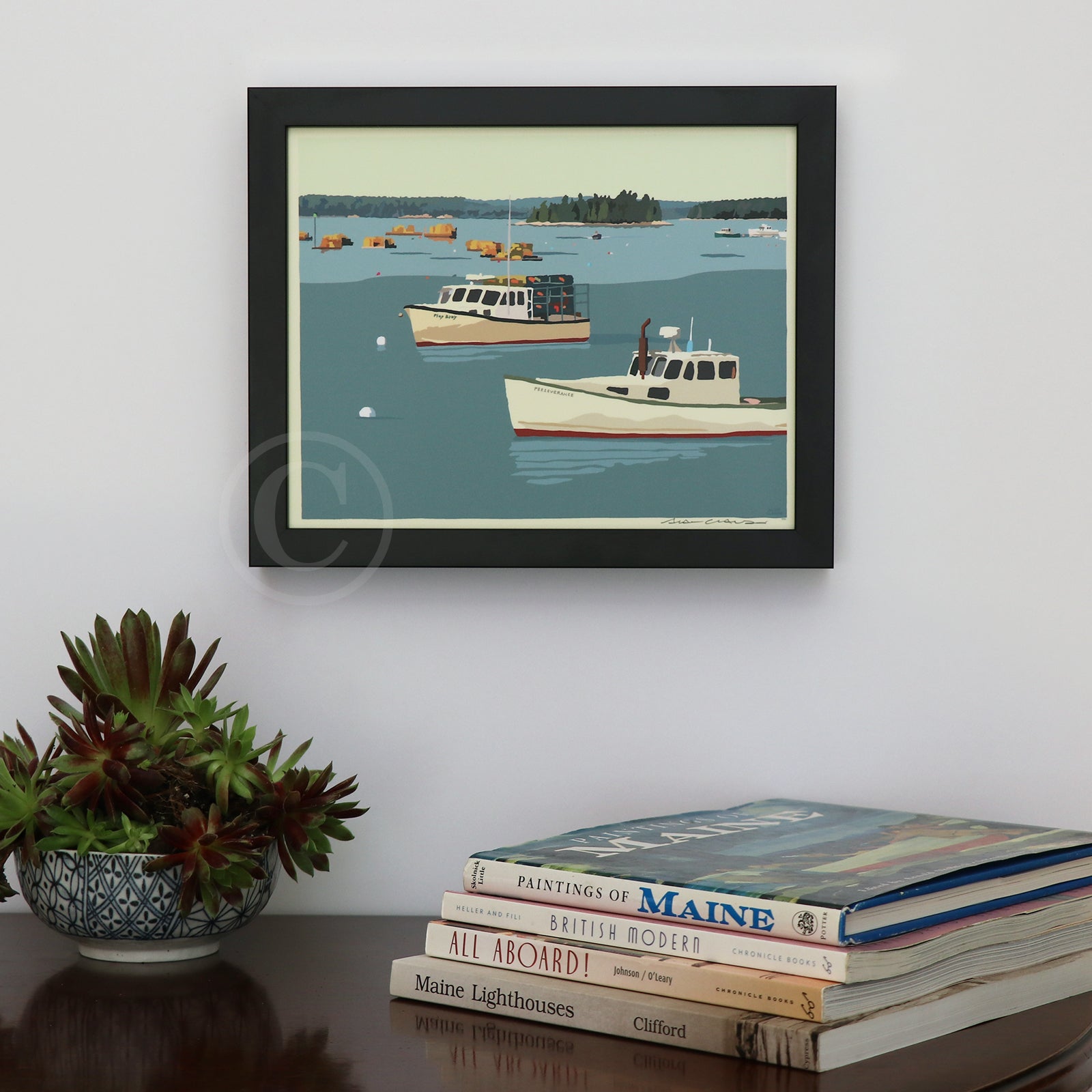 Lobster Boats in Friendship Art Print 8" x 10" Horizontal Framed Wall Poster By Alan Claude - Maine