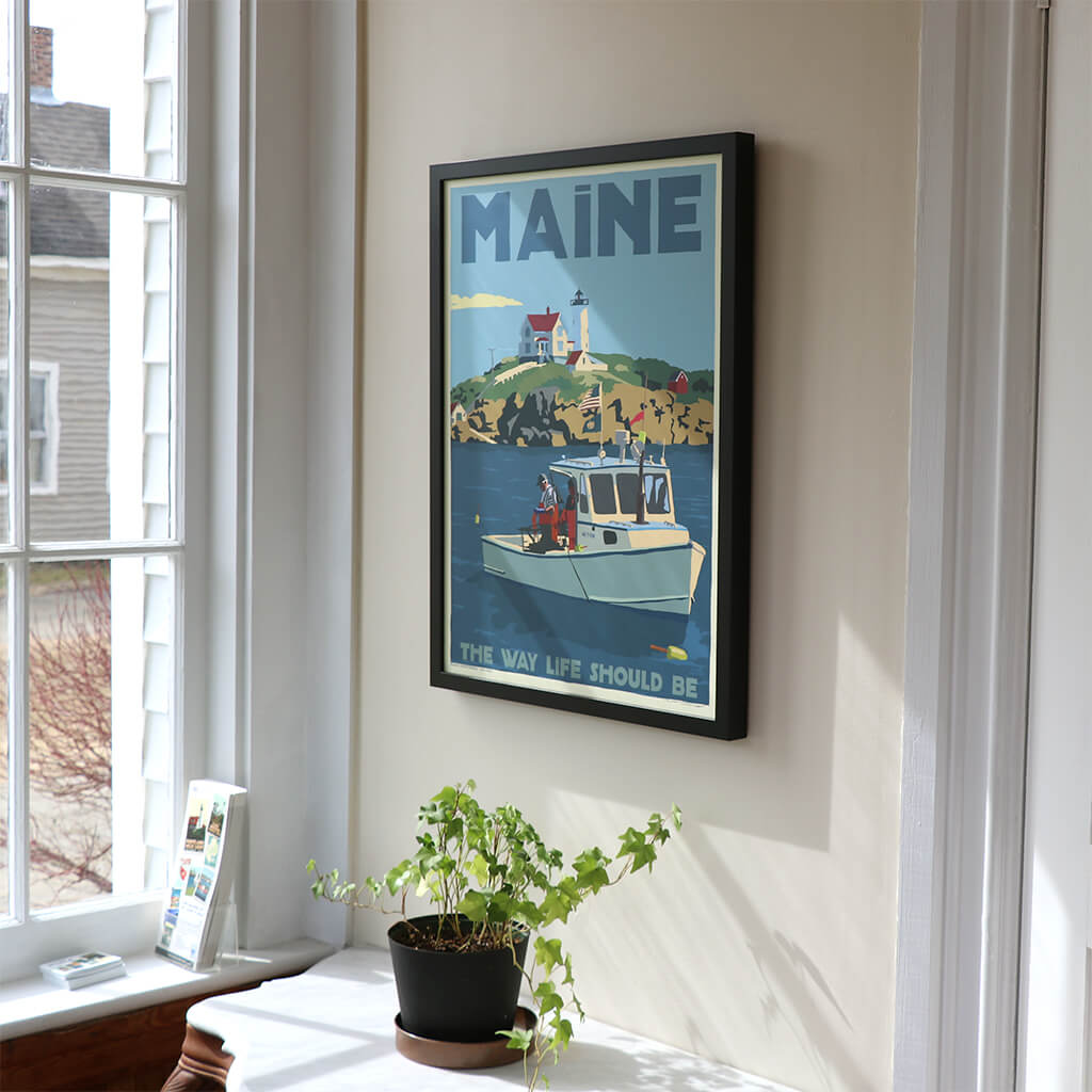 Lobstering at the Nubble MAINE The Way Life Should Be Art Print 18" x 24" Framed Travel Poster By Alan Claude - Maine