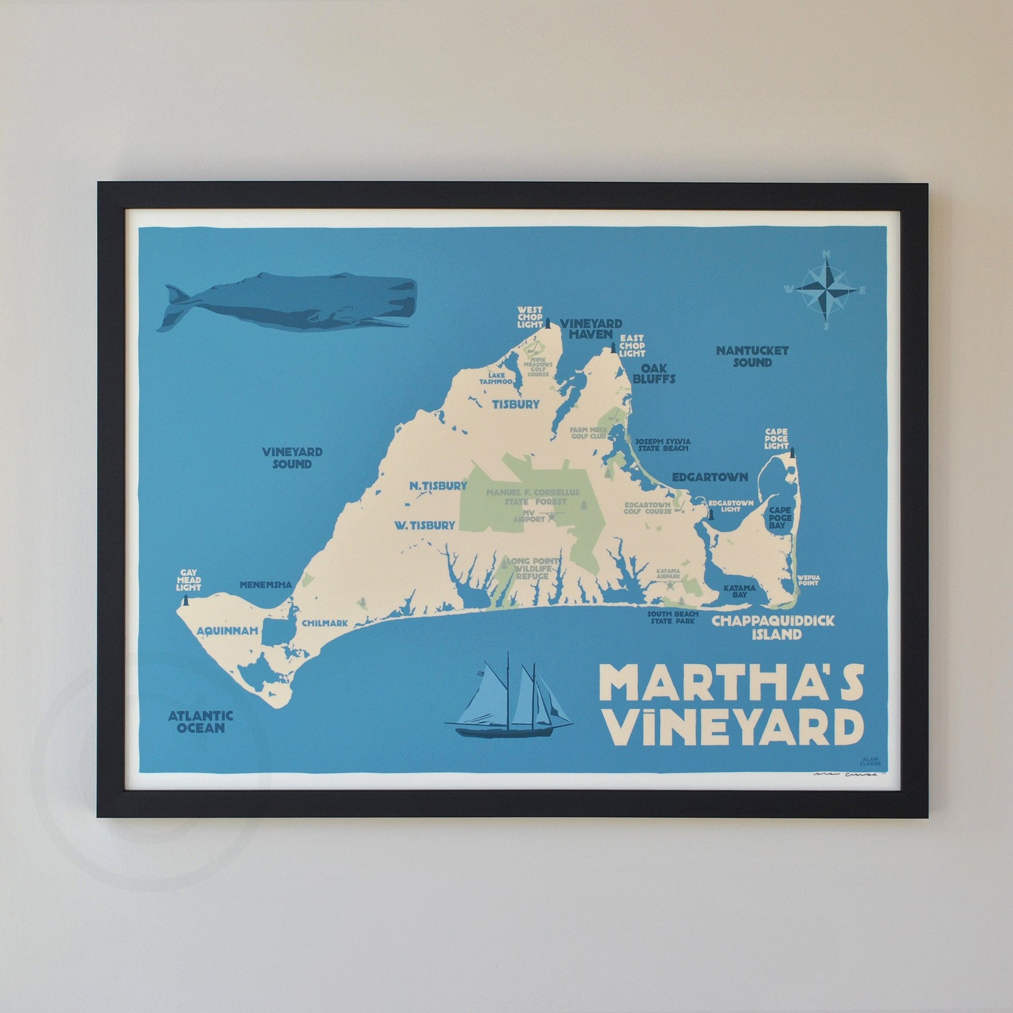 Martha's Vineyard Map Art Print 18" x 24" Horizontal Framed Travel Poster By Alan Claude - Massachusetts