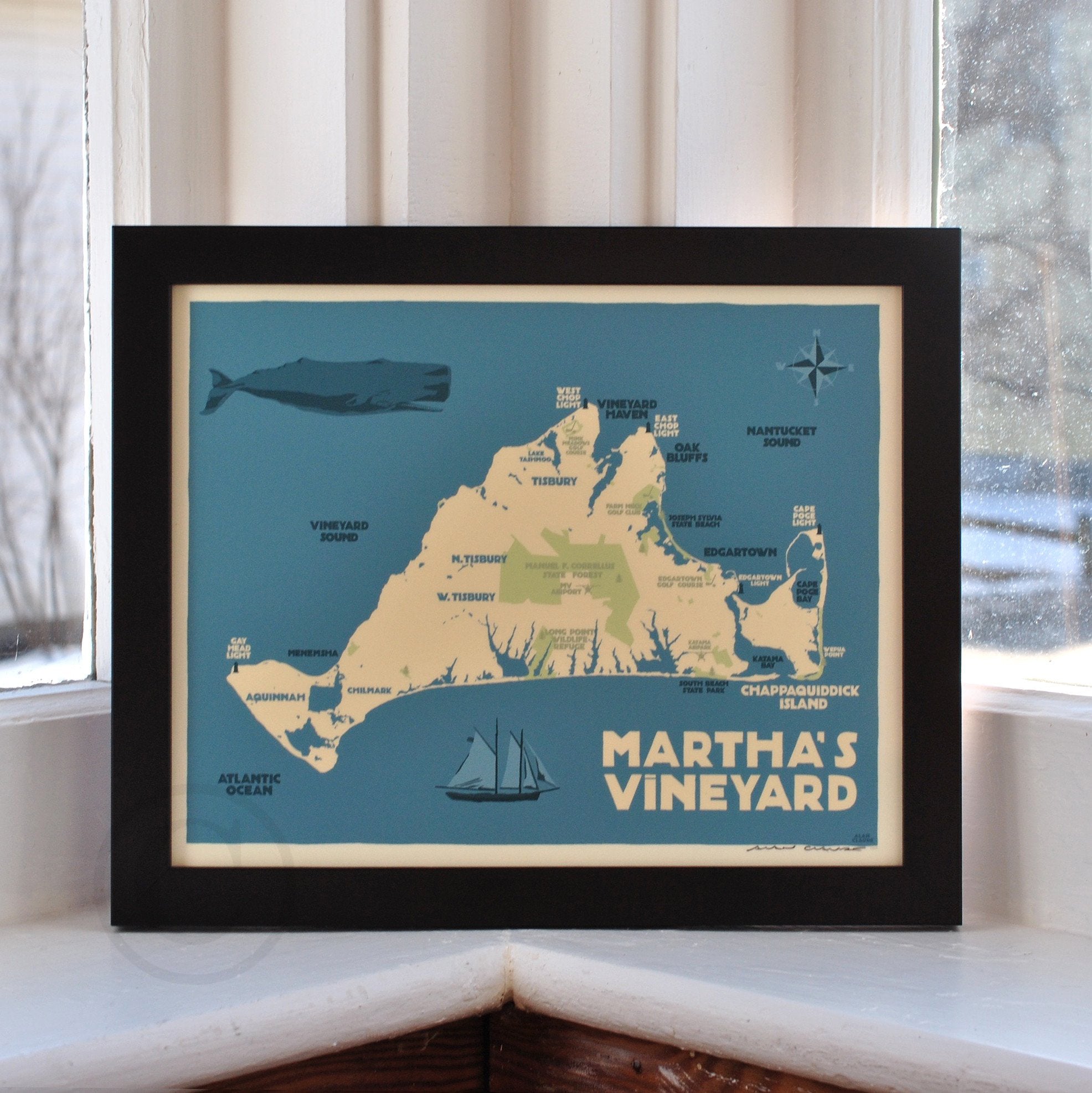 Martha's Vineyard Map Art Print 8" x 10" Horizontal Framed Travel Poster By Alan Claude - Massachusetts
