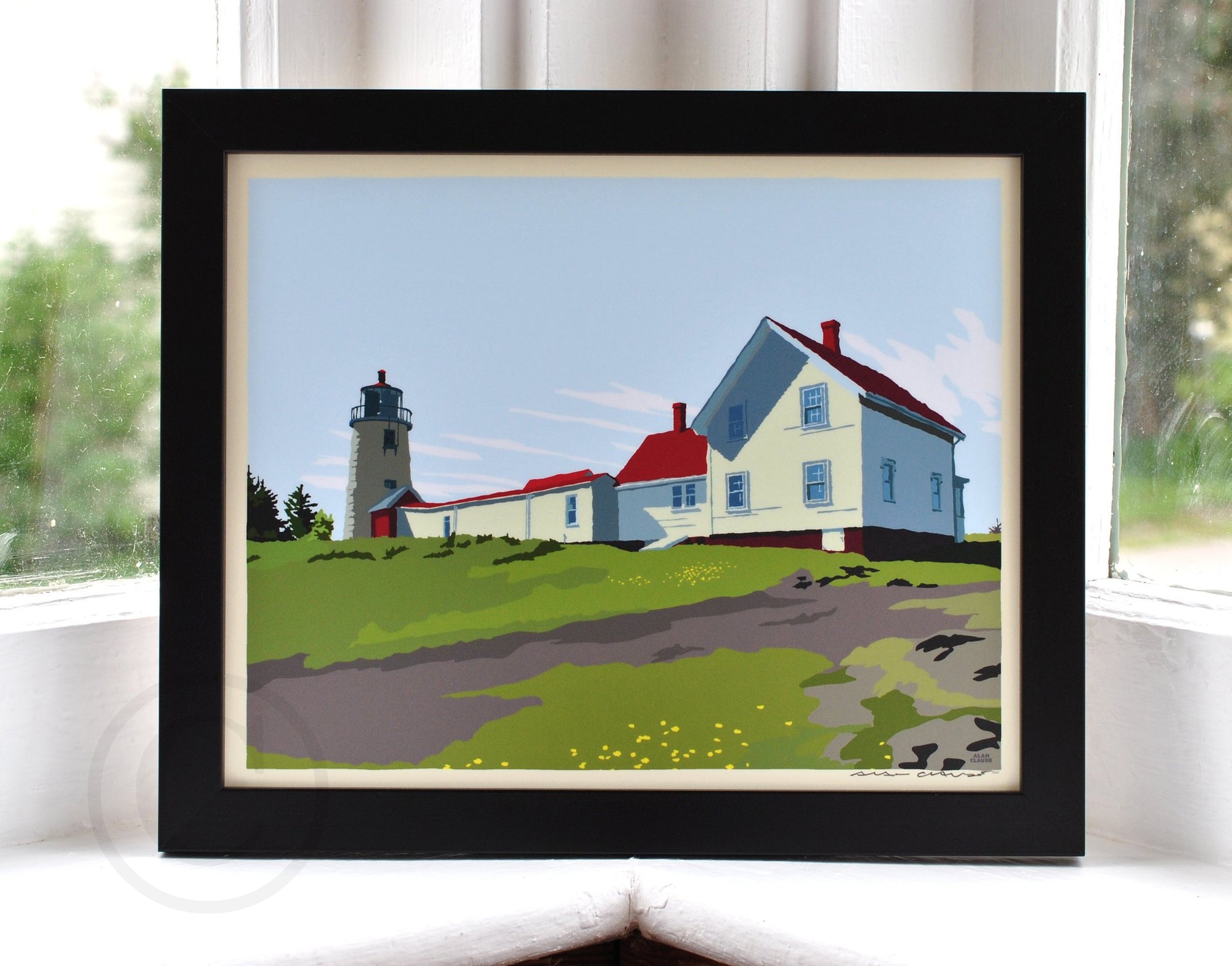Monhegan Island Light Art Print 8" x 10" Horizontal Framed Wall Poster By Alan Claude - Maine