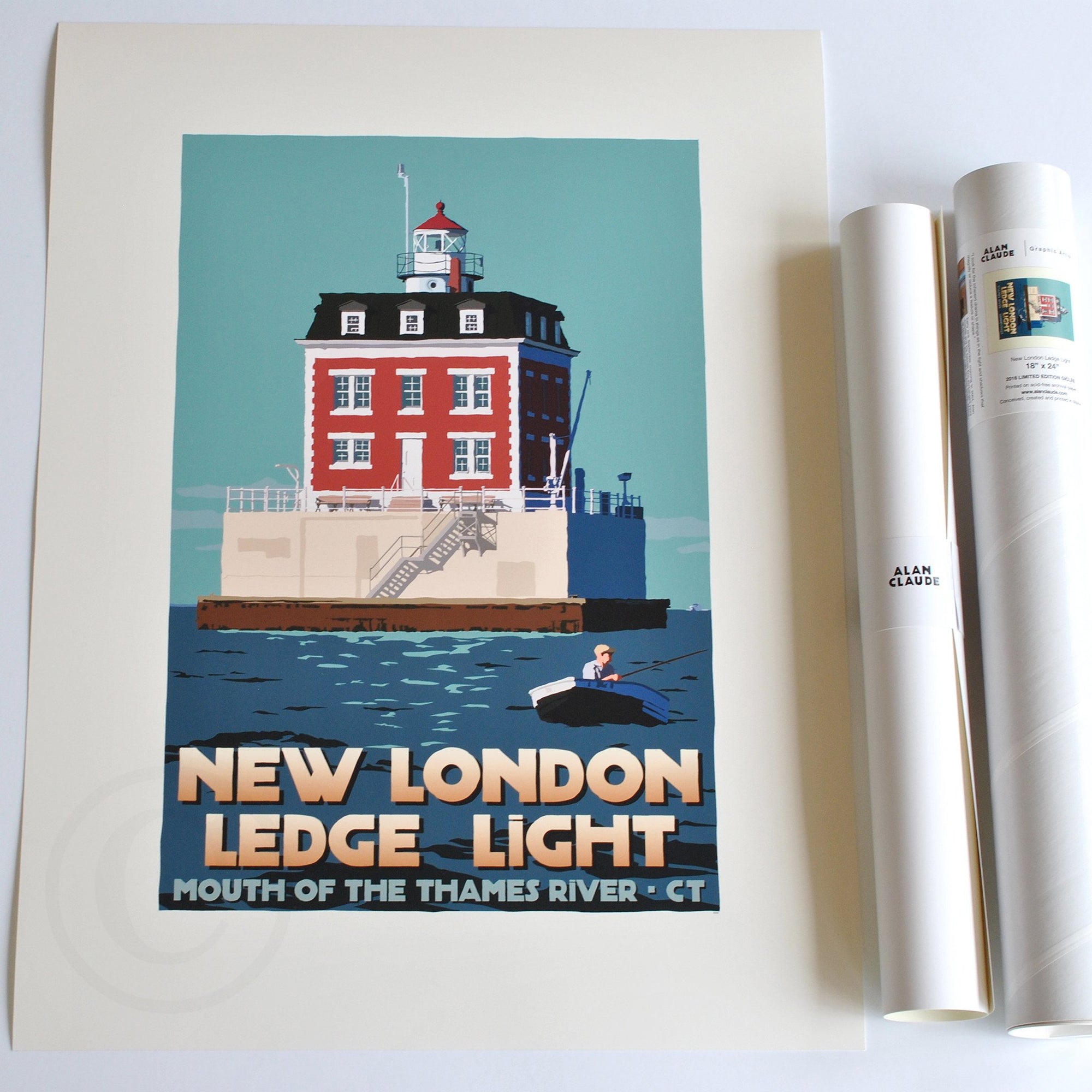 New London Ledge Light Art Print 18" x 24" Travel Poster By Alan Claude - Connecticut