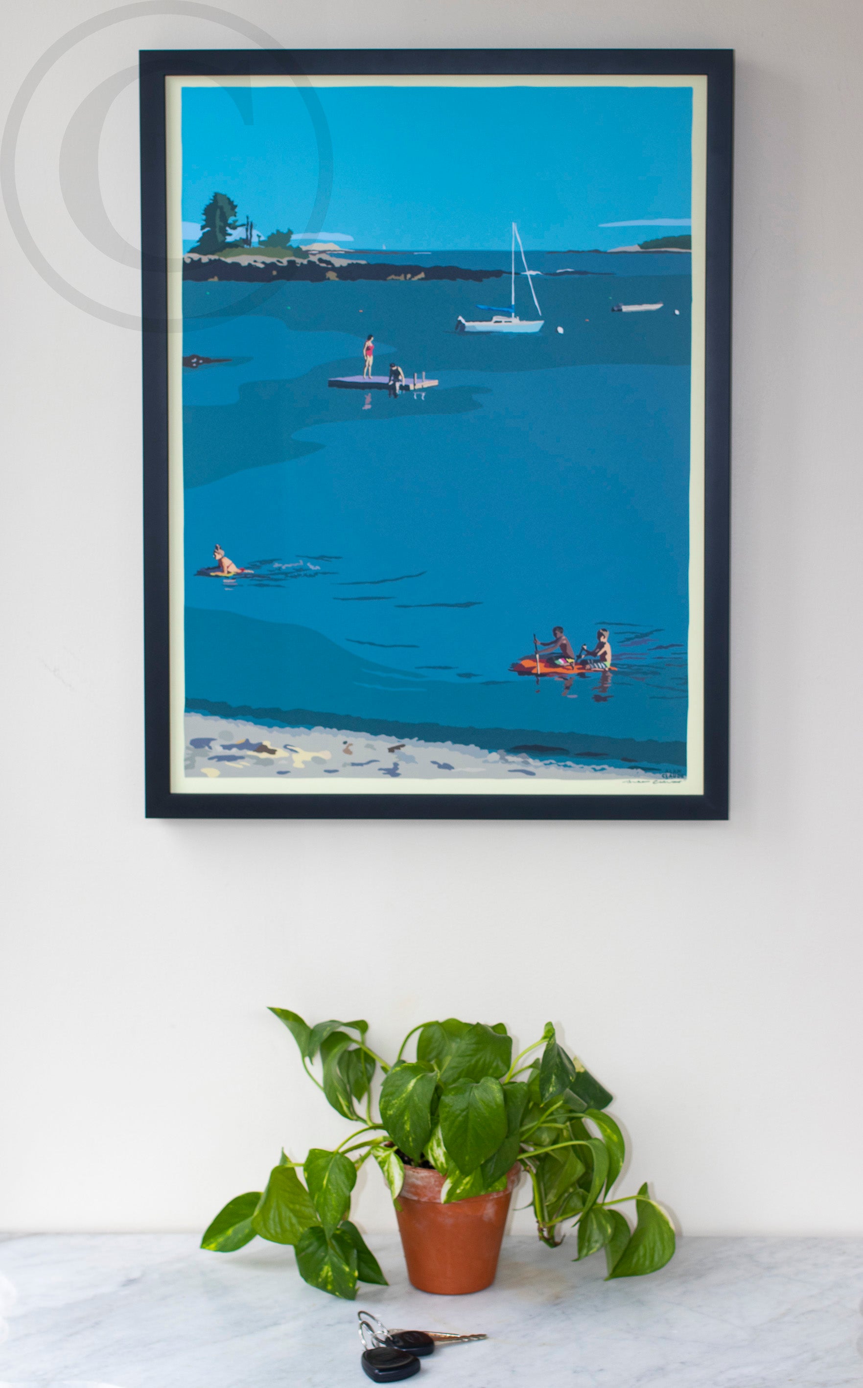 Ocean Point Swimmers Art Print 18" x 24" Framed Wall Poster by Alan Claude - Maine