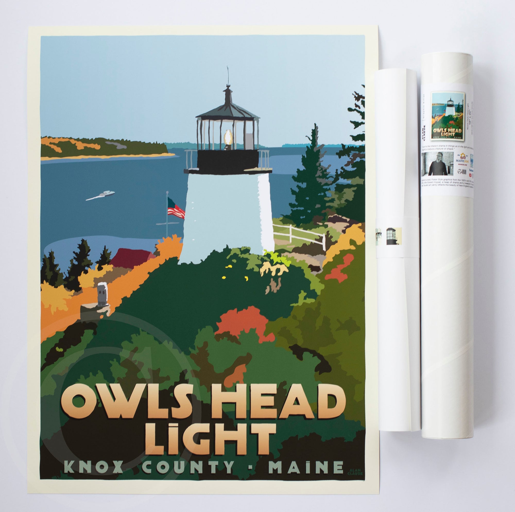 Above Owls Head Light Art Print 18" x 24" Travel Poster By Alan Claude - Maine