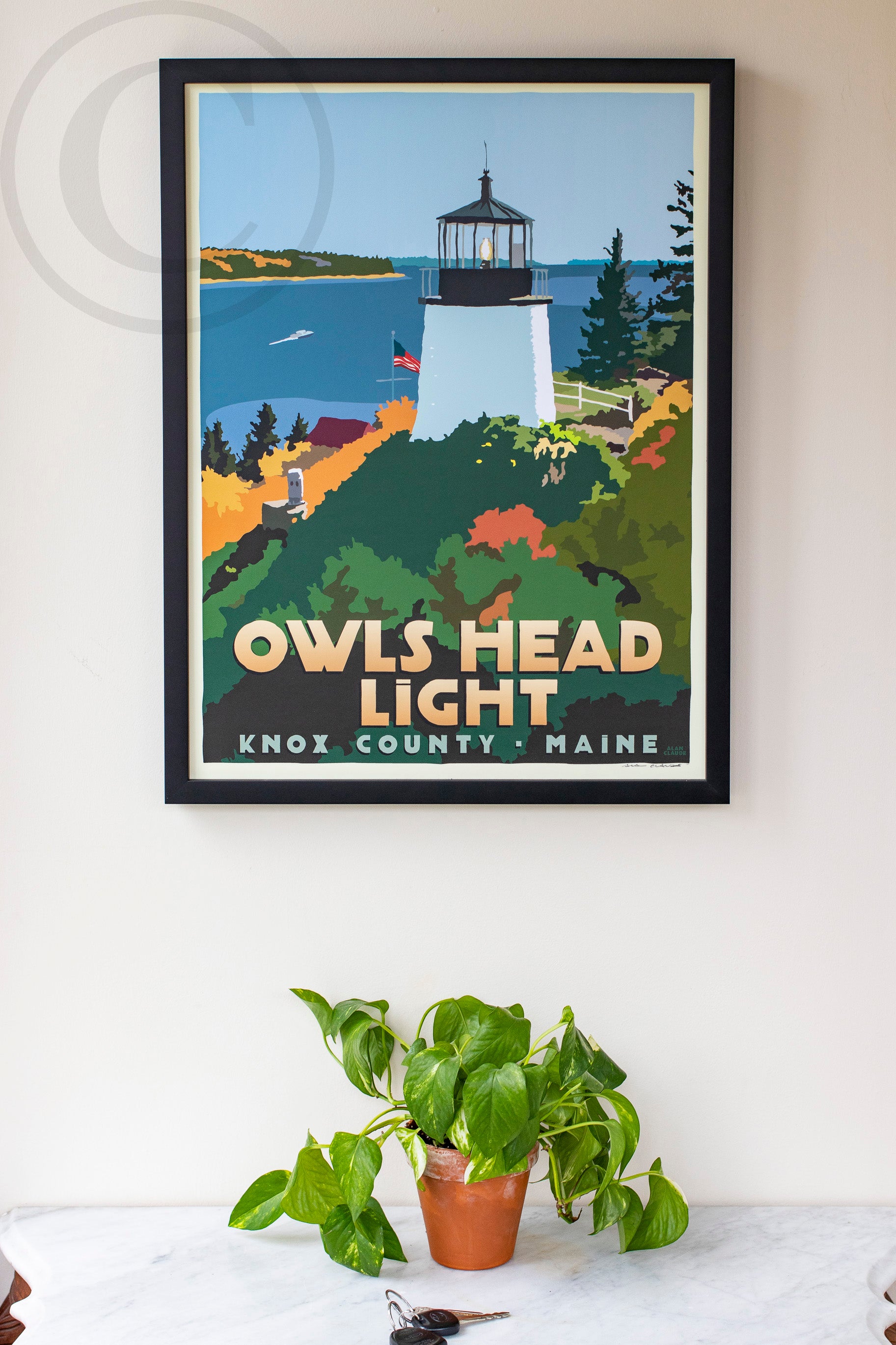Above Owls Head Light Art Print 18" x 24" Framed Travel Poster By Alan Claude - Maine
