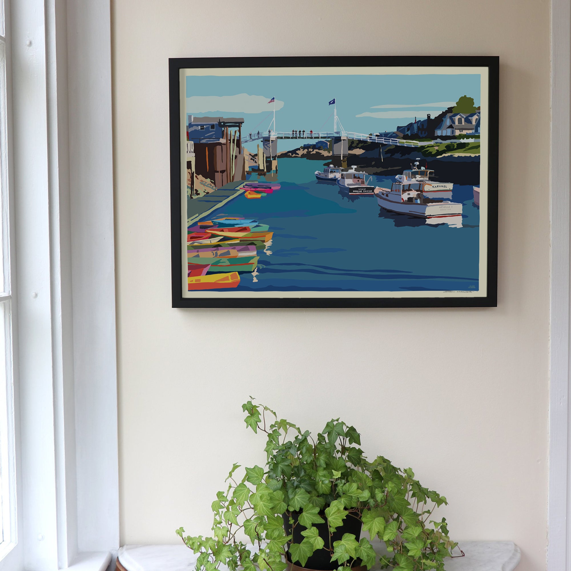 Perkins Cove Drawbridge Art Print 18" x 24" Horizontal Framed Wall Poster By Alan Claude - Maine