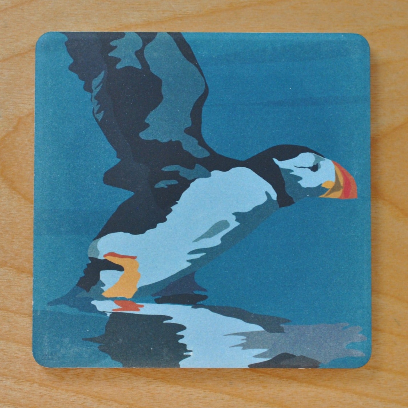 Puffin Takes Flight Art Drink Coaster - Maine