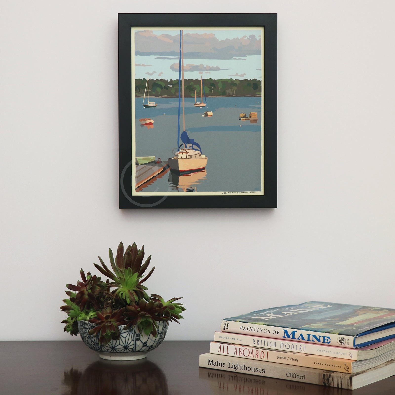 Sailboats in Round Pond Harbor Art Print 8" x 10" Framed Wall Poster By Alan Claude - Maine