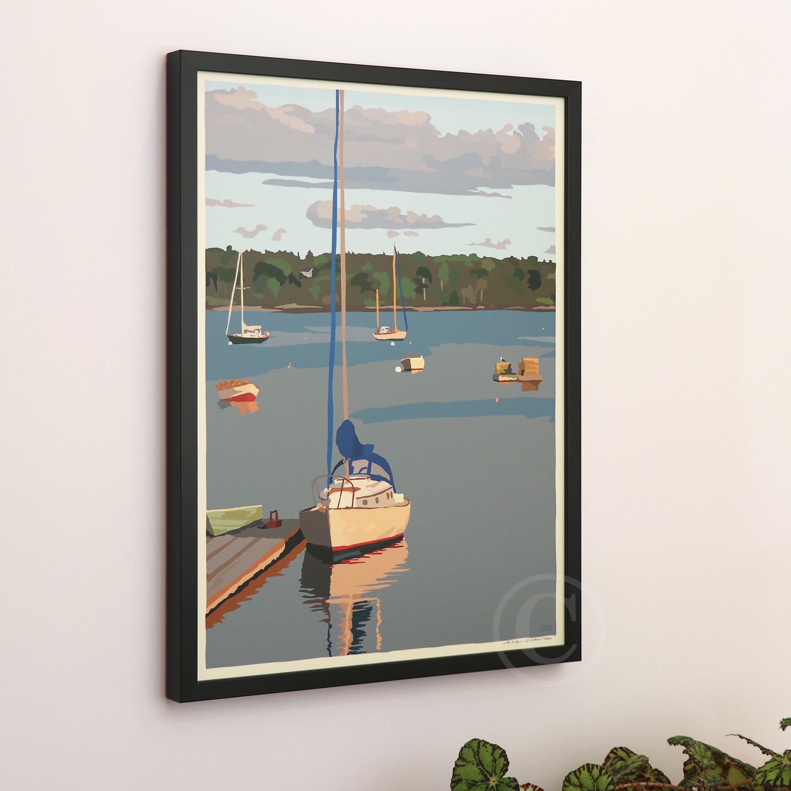 Sailboats in Round Pond Harbor Art Print 18" x 24” Framed Wall Poster By Alan Claude - Maine