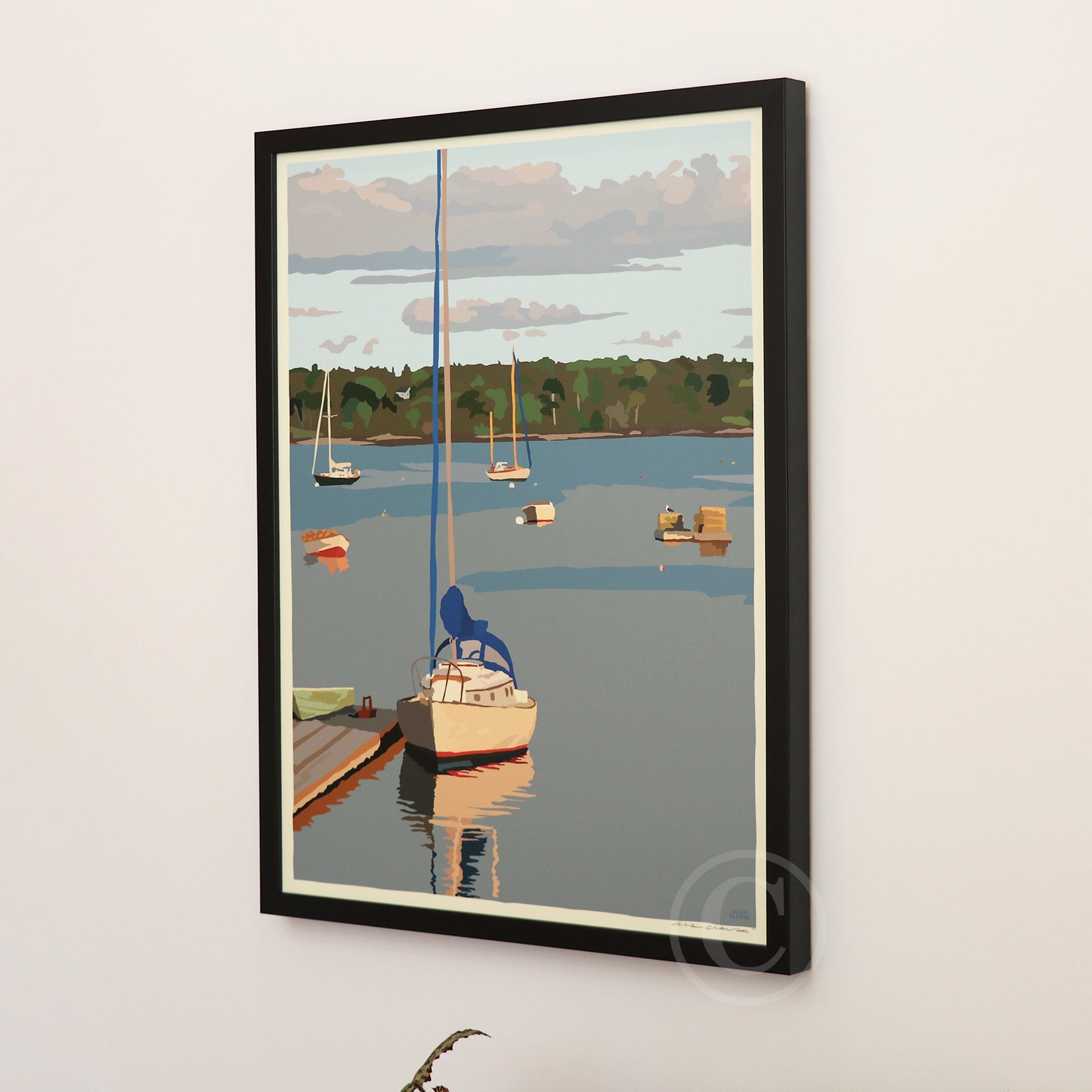 Sailboats in Round Pond Harbor Art Print 18" x 24” Framed Wall Poster By Alan Claude - Maine