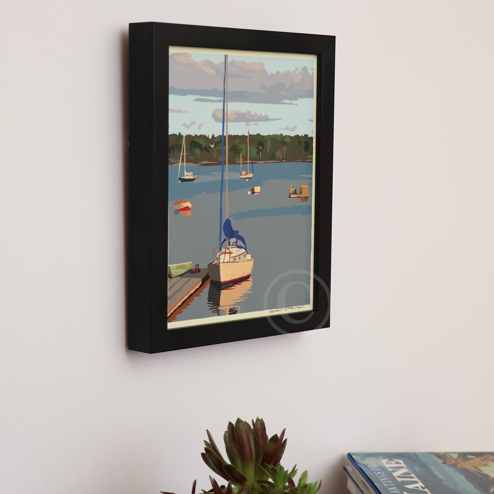 Sailboats in Round Pond Harbor Art Print 8" x 10" Framed Wall Poster By Alan Claude - Maine