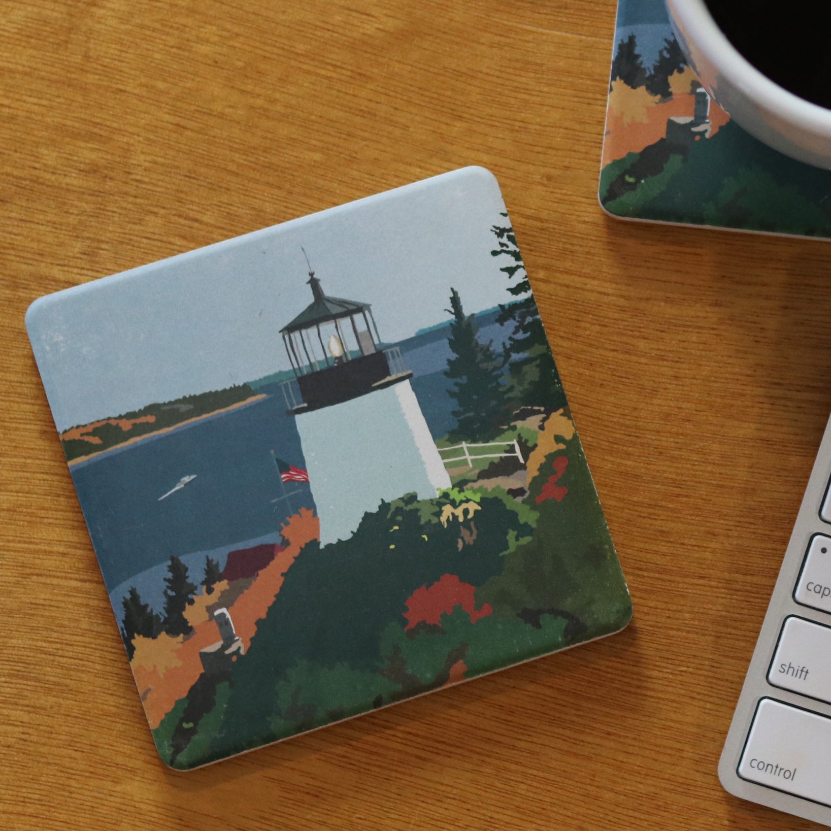 Above Owls Head Light Art Drink Coaster - Maine