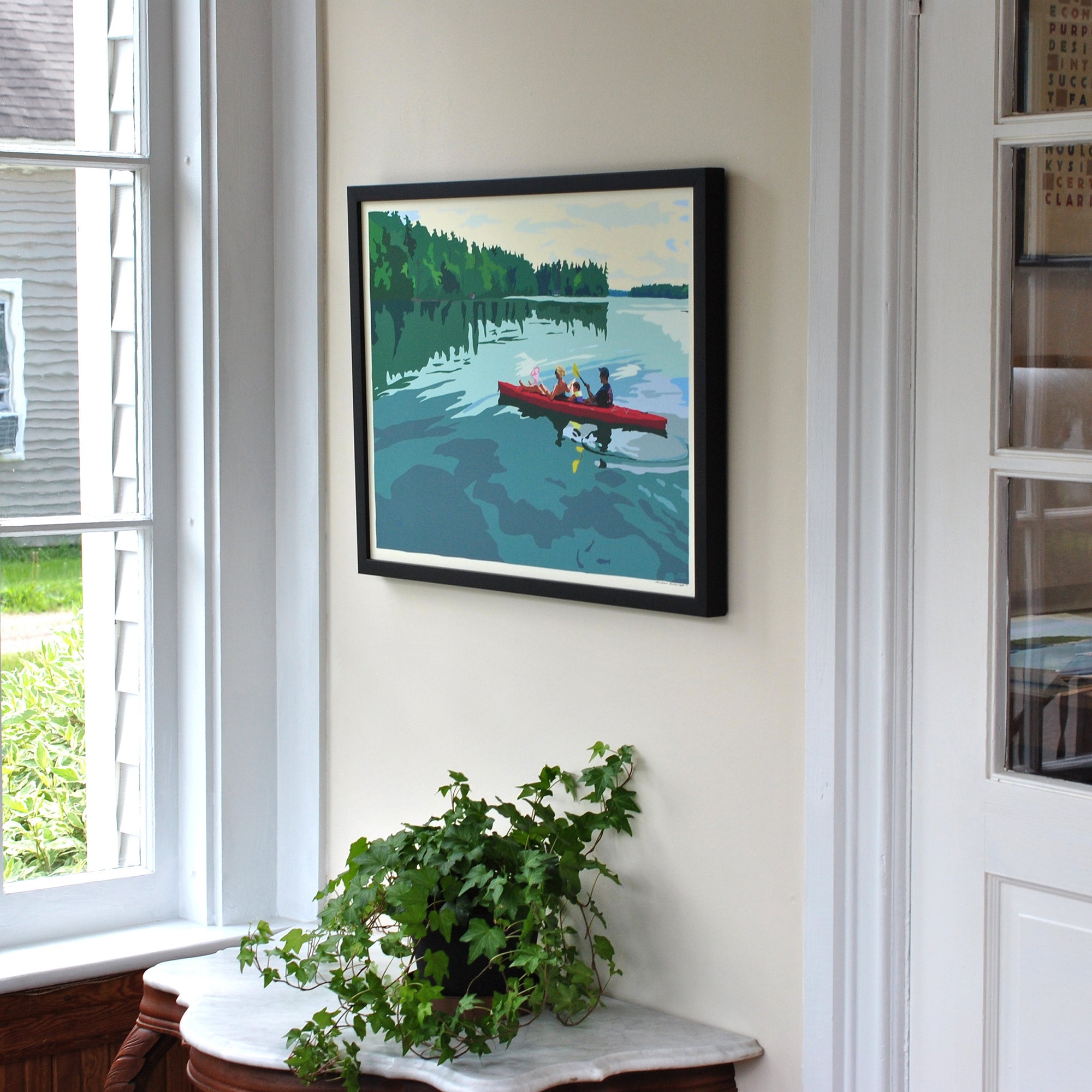 Kayaking on a Lake Art Print 18" x 24" Horizontal Framed Wall Poster By Alan Claude - Maine