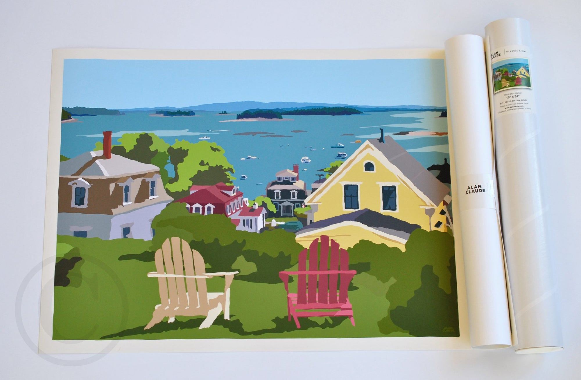 Stonington Harbor Art Print 18" x 24" Wall Poster By Alan Claude - Maine