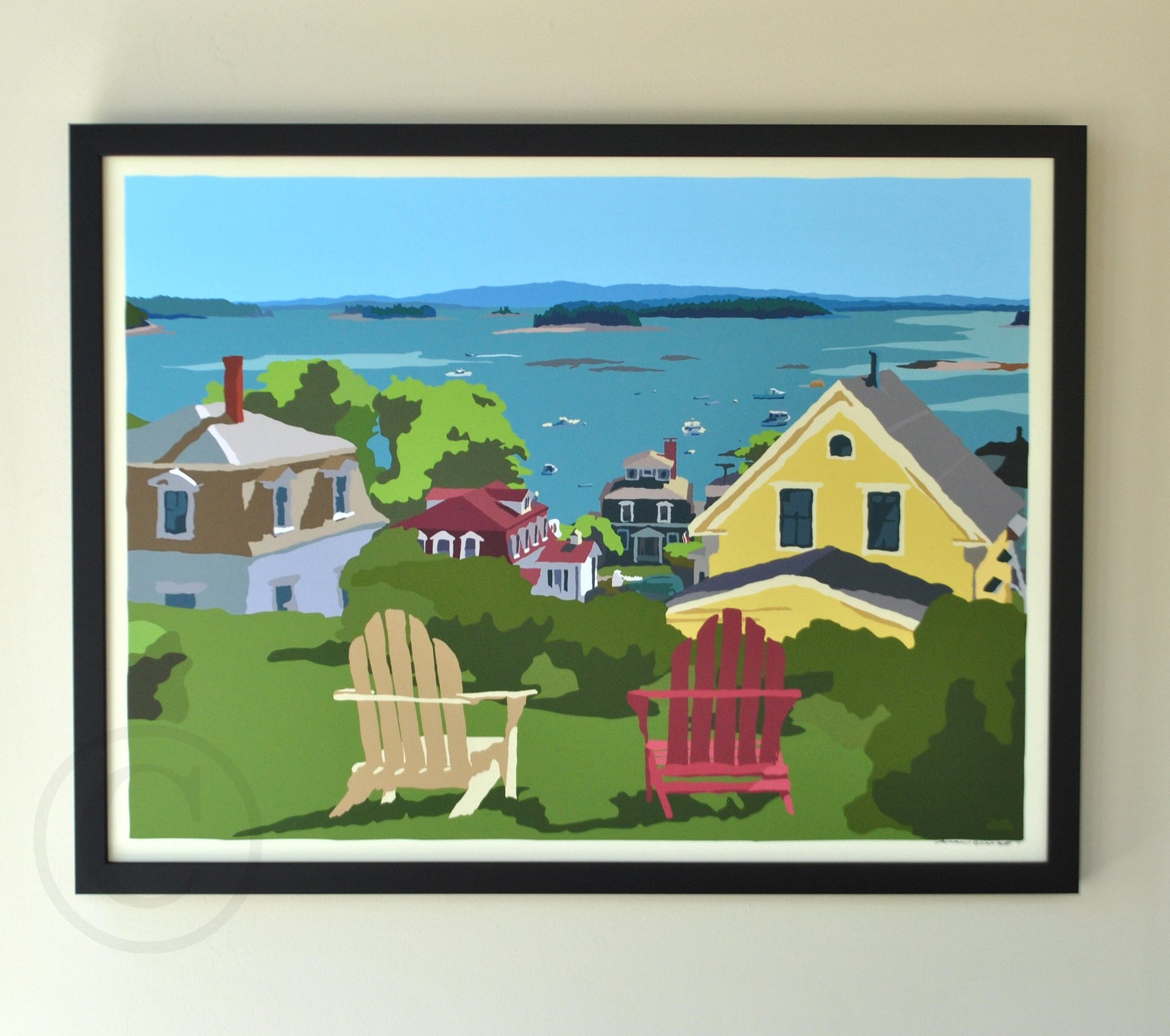 Stonington Harbor Art Print 18" x 24" Framed Wall Poster By Alan Claude - Maine