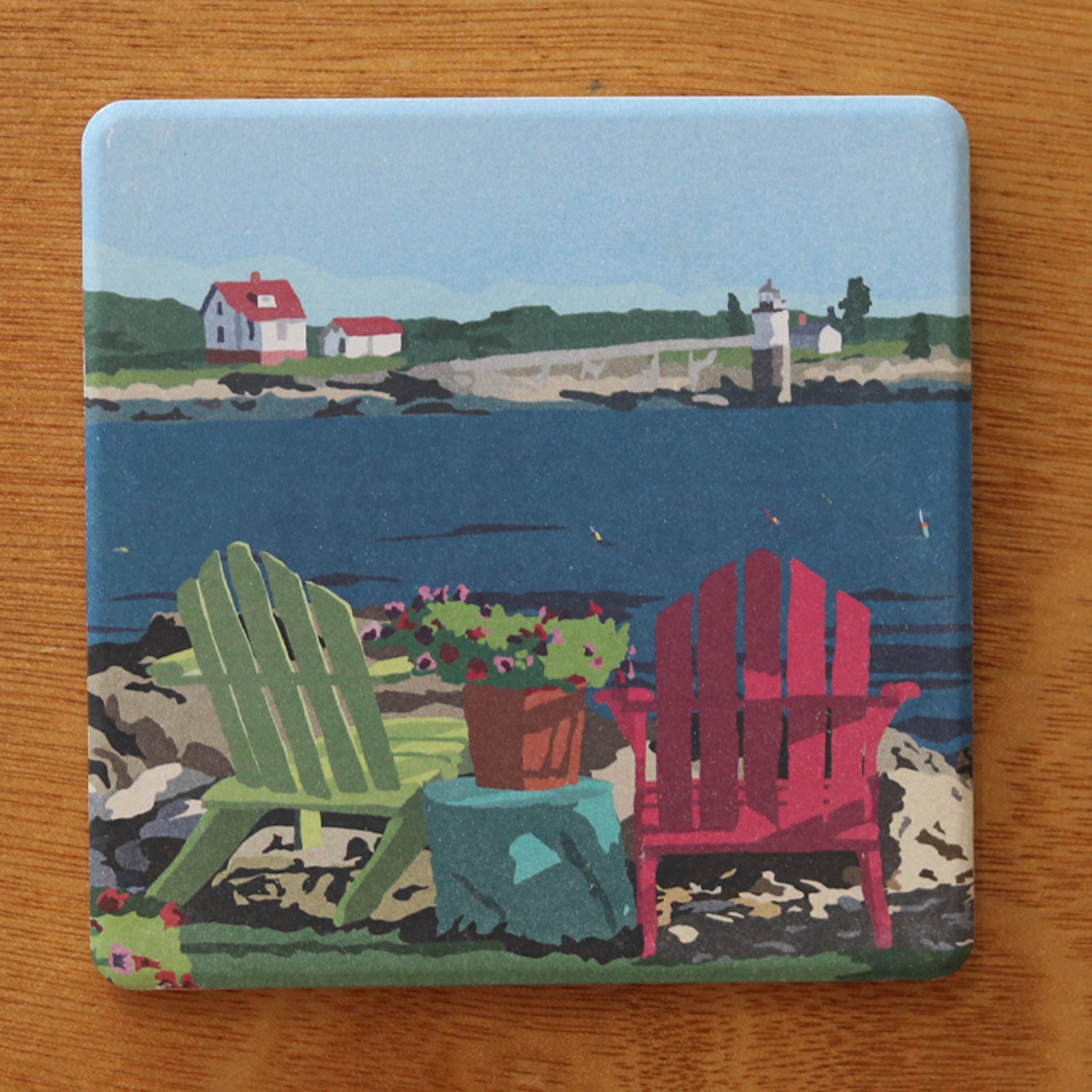 Chairs Overlooking Ram Island Art Drink Coaster - Maine