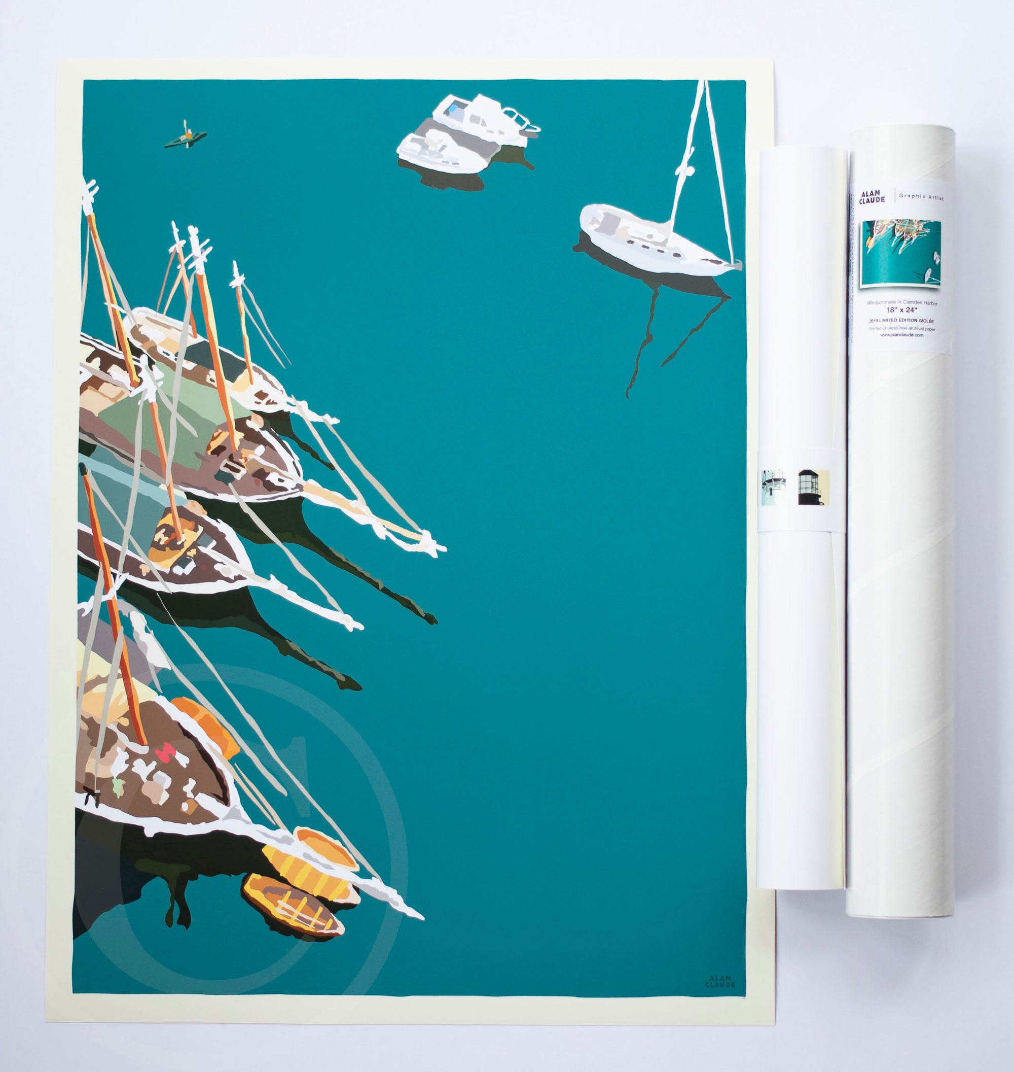 Windjammers in Camden Harbor Art Print 18" x 24" Wall Poster By Alan Claude - Maine