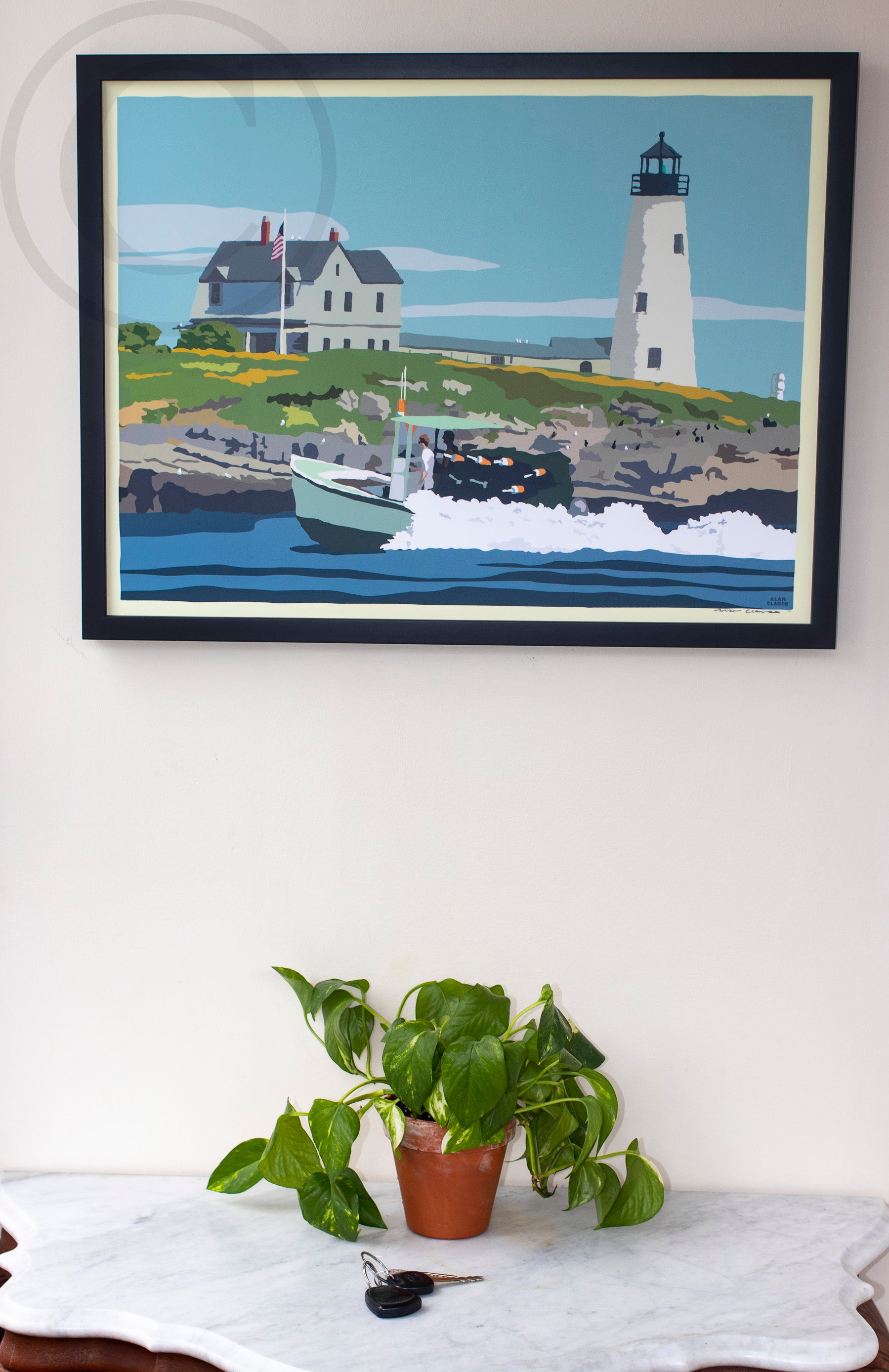 Wood Island Light Art Print 18" x 24" Horizontal Framed Wall Poster By Alan Claude - Maine
