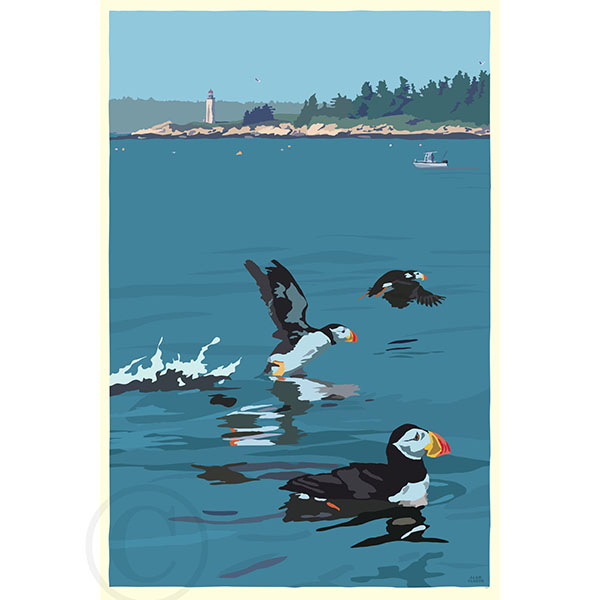 Puffins At Franklin Island Light By Alan Cluade