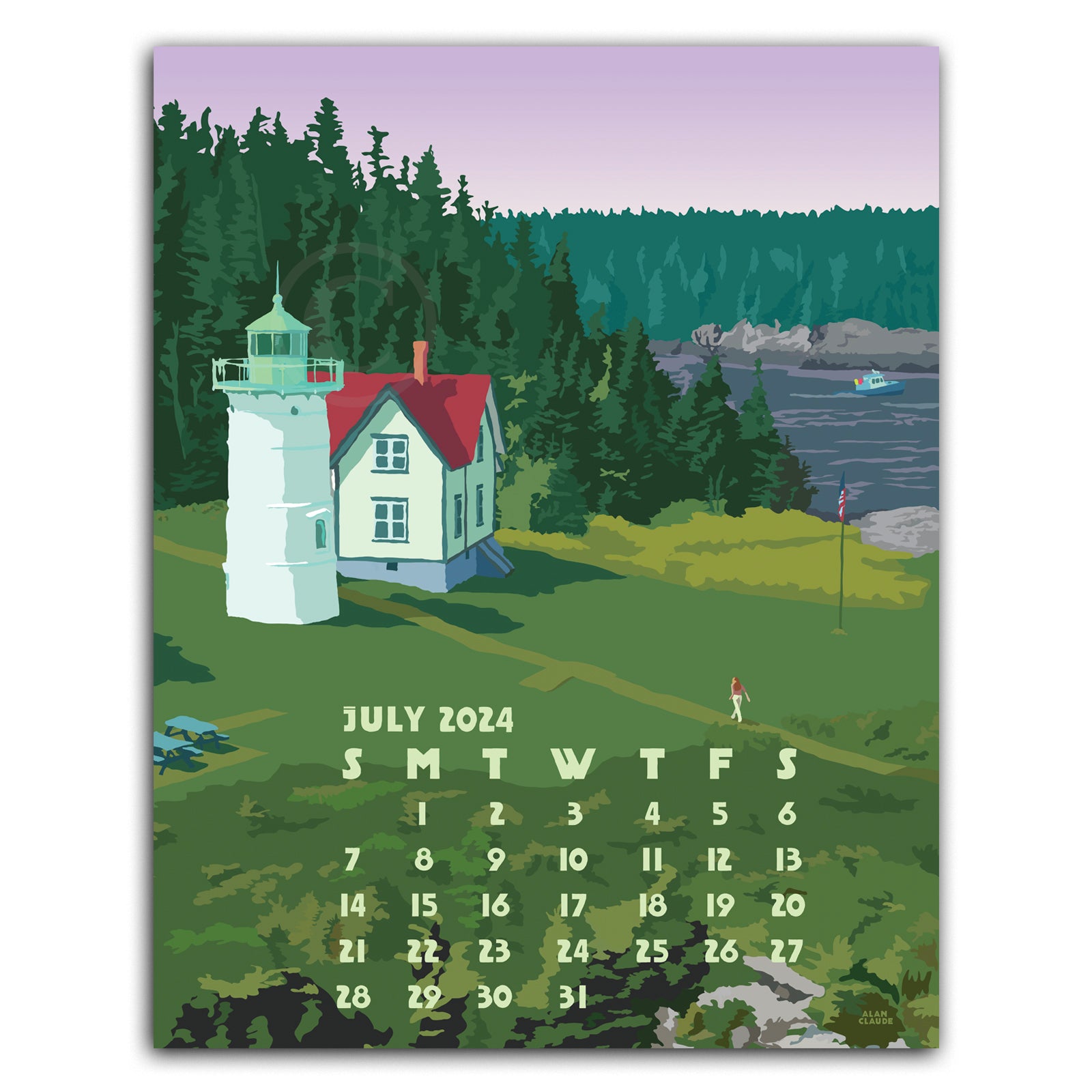 2024 POSTER Art Calendar 11x14 Retro Vintage Art Style by Maine Artist Alan Claude