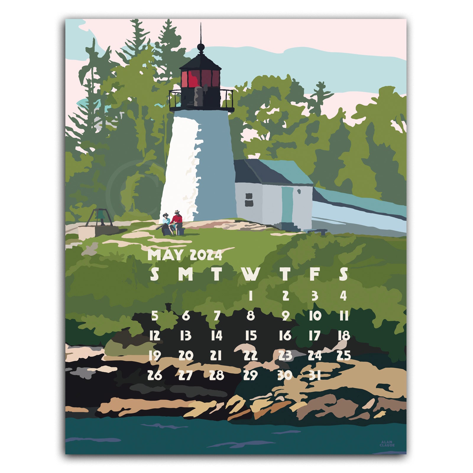 2024 POSTER Art Calendar 11x14 Retro Vintage Art Style by Maine Artist Alan Claude