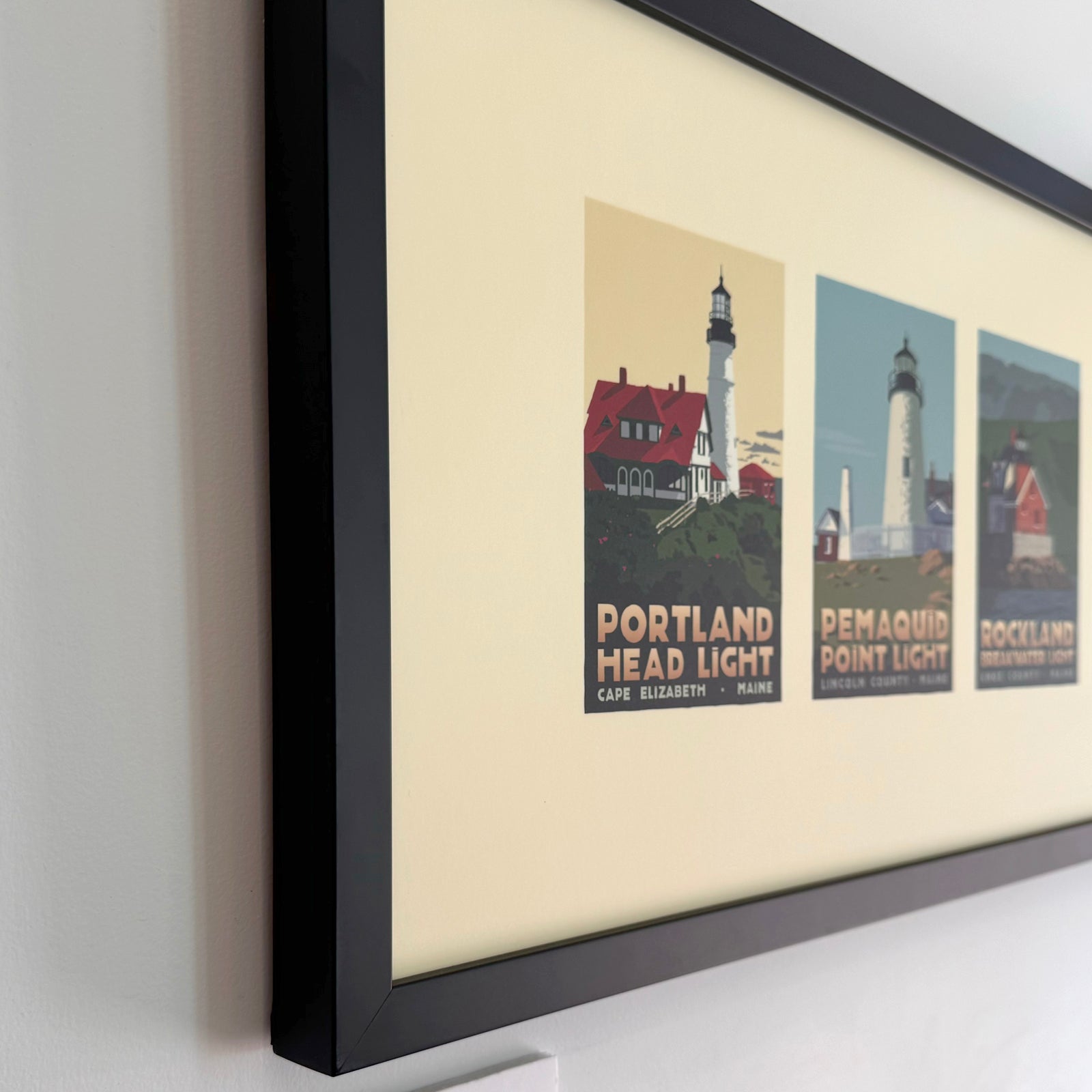 Maine Lighthouse Series Art Print 12" x 36" Framed Travel Poster - Maine