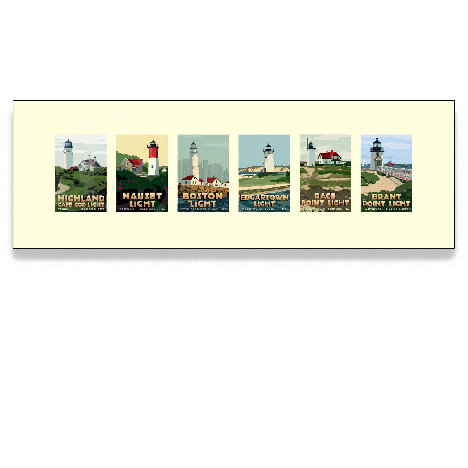 Massachusetts Lighthouse Series Art Print 12"x36" Horizontal Framed Travel Poster - Massachusetts