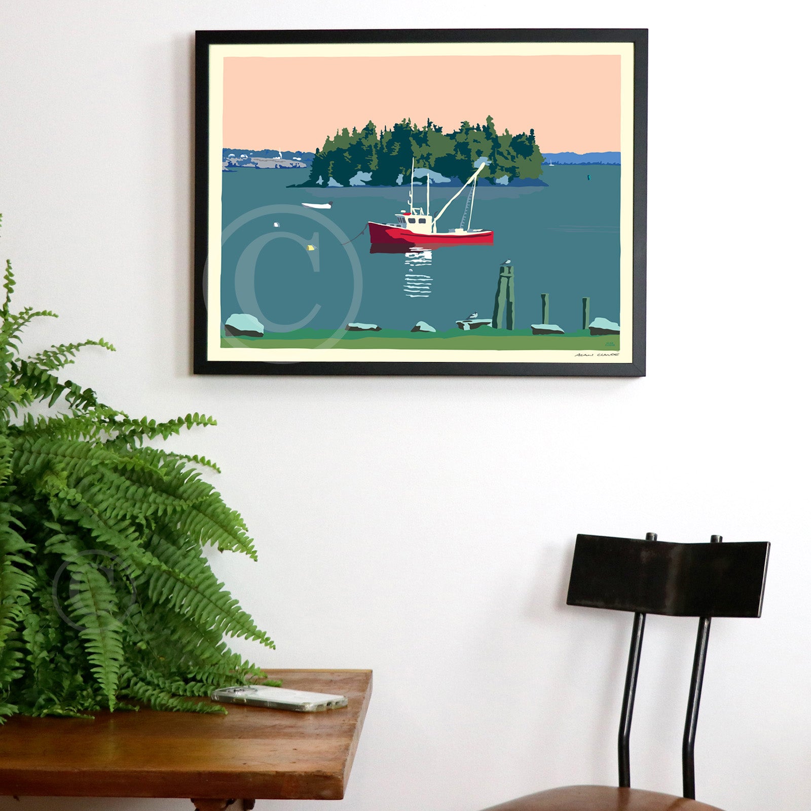 Lubec Lobster Boat (Horizontal) Art Print 18" x 24" Horizontal Framed Wall Poster By Alan Claude - Maine