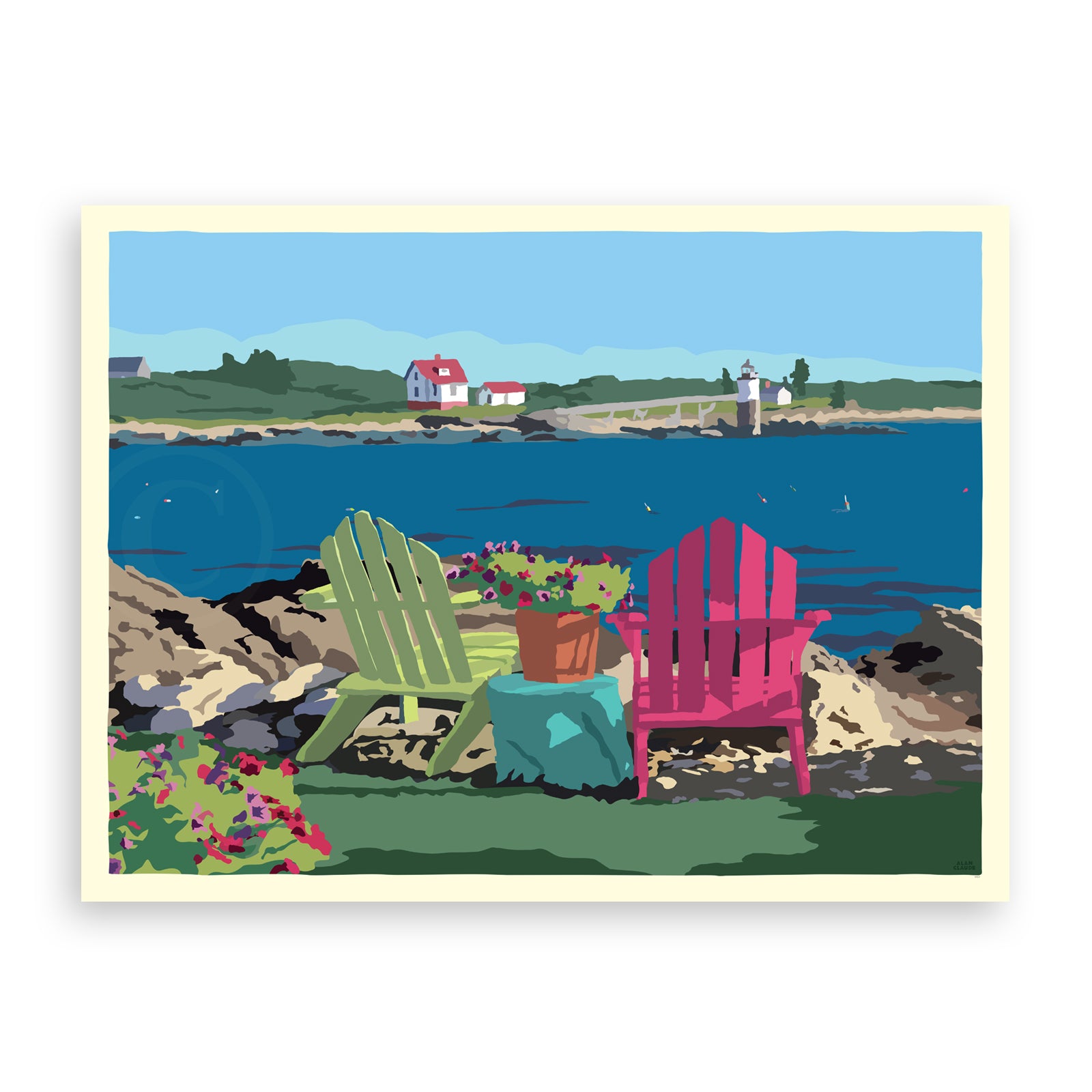Chairs Overlooking Ram Island Art Horizontal Print 18" x 24" Framed Wall Poster By Alan Claude - Maine