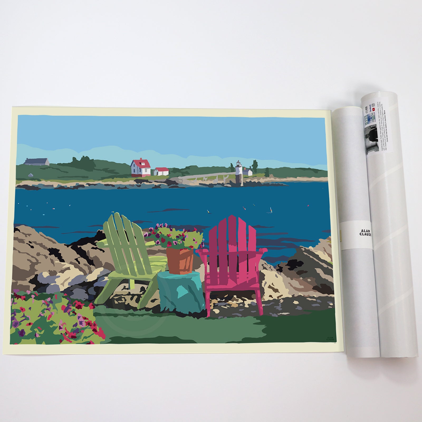Chairs Overlooking Ram Island Art Horizontal Print 18" x 24" Wall Poster By Alan Claude - Maine (Copy)