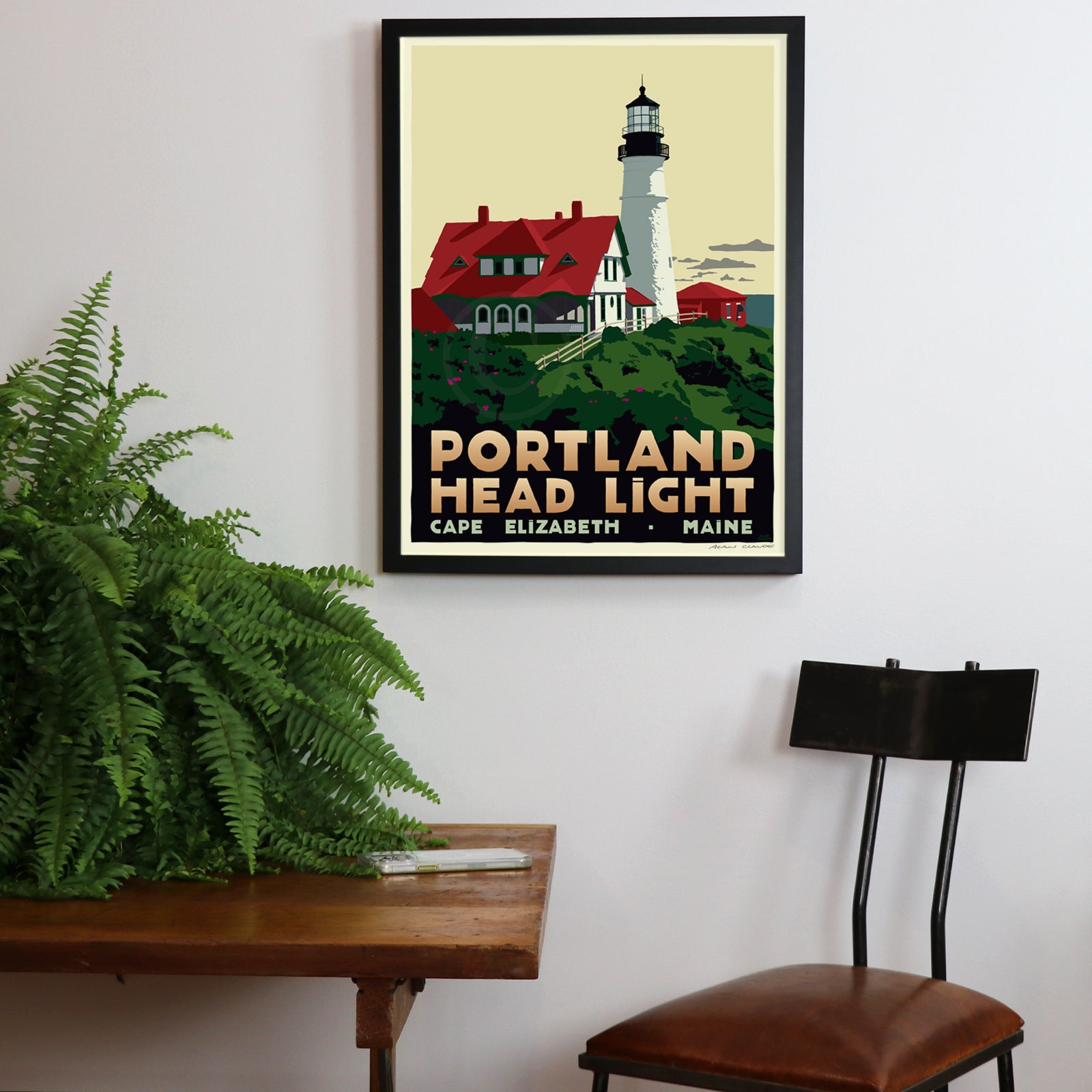 Portland Head Light Art Print 18" x 24" Framed Travel Poster (Thin Border) By Alan Claude - Maine