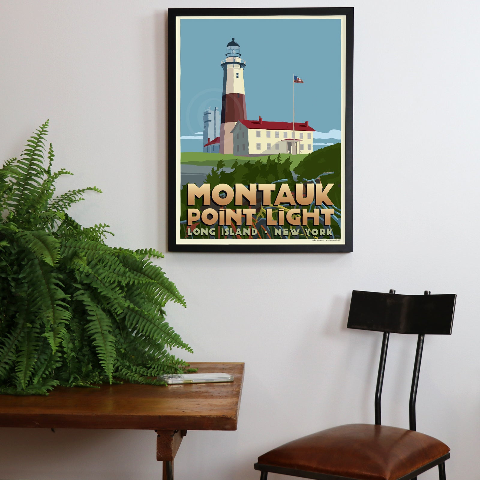 Montauk Point Light Art Print 18" x 24" Horizontal Framed Wall Poster By Alan Claude - Long Island New York