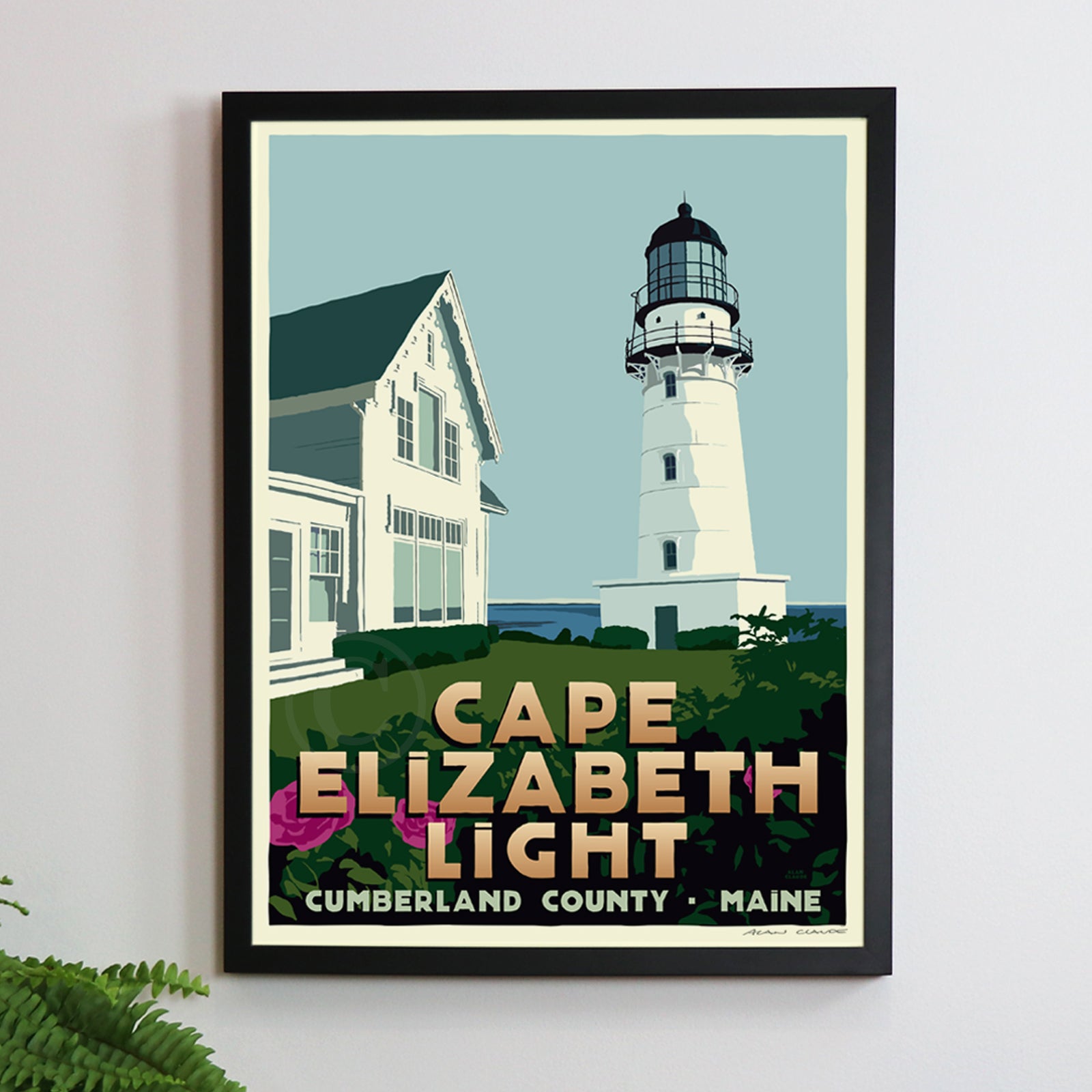 Cape Elizabeth Light Art Print 18" x 24" Framed Travel Postern (Thin Border) By Alan Claude - Maine