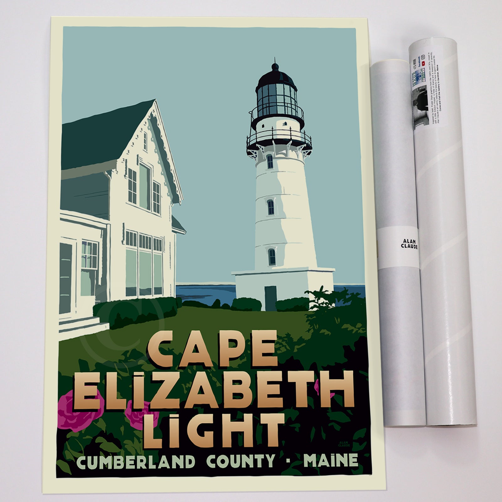 Cape Elizabeth Light Art Print 18" x 24" Travel Poster By Alan Claude - Maine