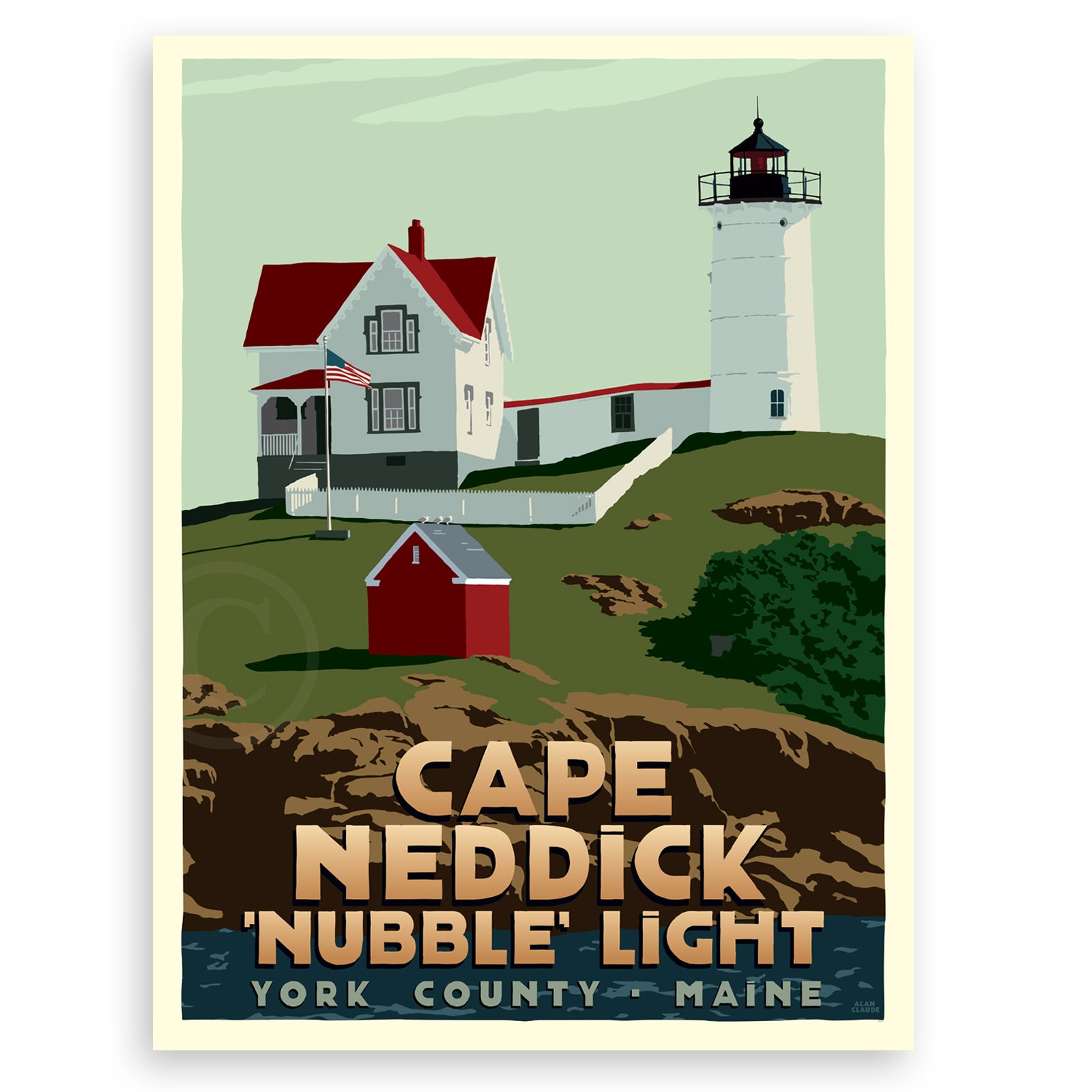 Cape Neddick Nubble Light Art Print (Thin Border) 18" x 24" Travel Poster By Alan Claude - Maine (Copy)