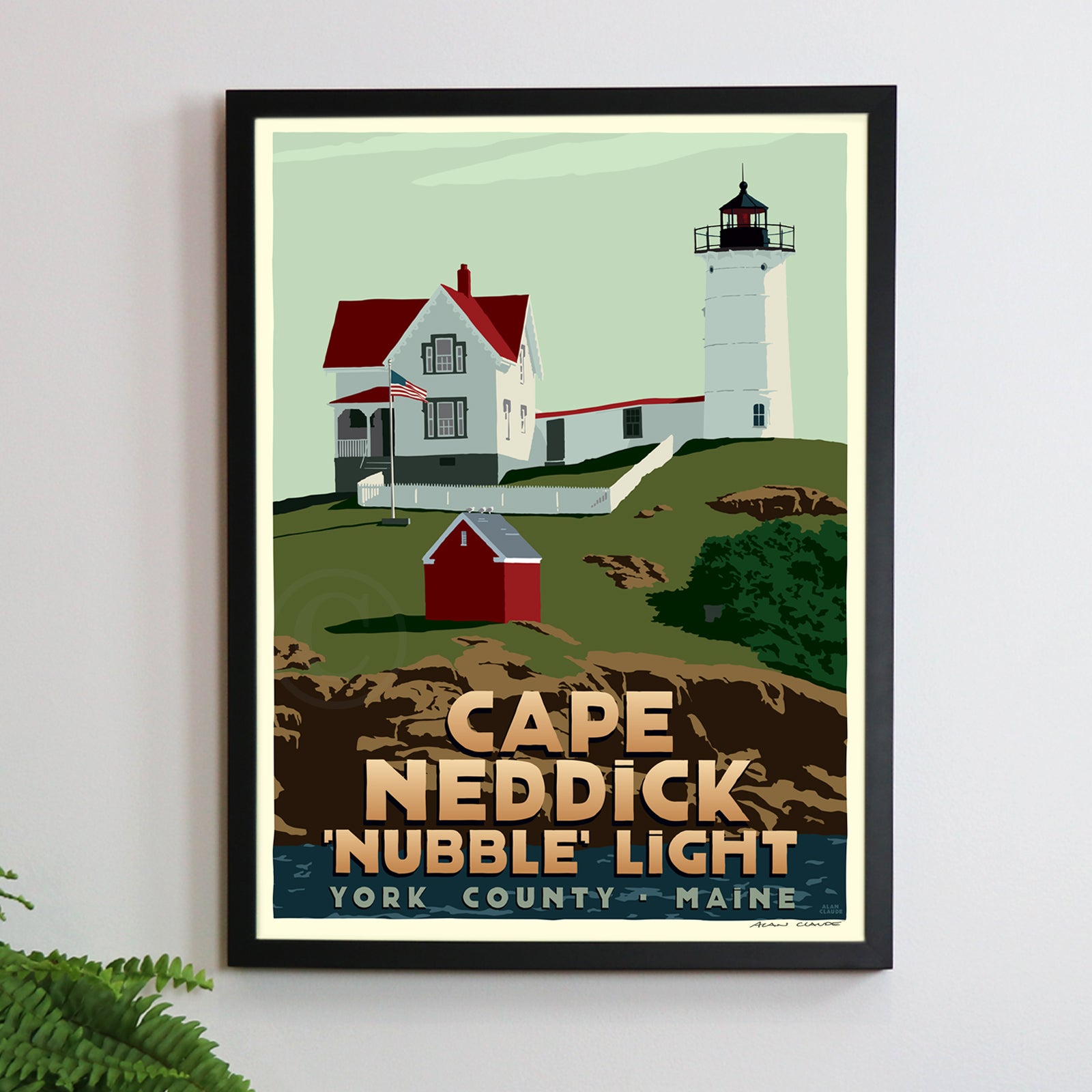 Cape Neddick Nubble Light Art Print (Thin Border) 18" x 24" Framed Travel Poster By Alan Claude - Maine (Copy)