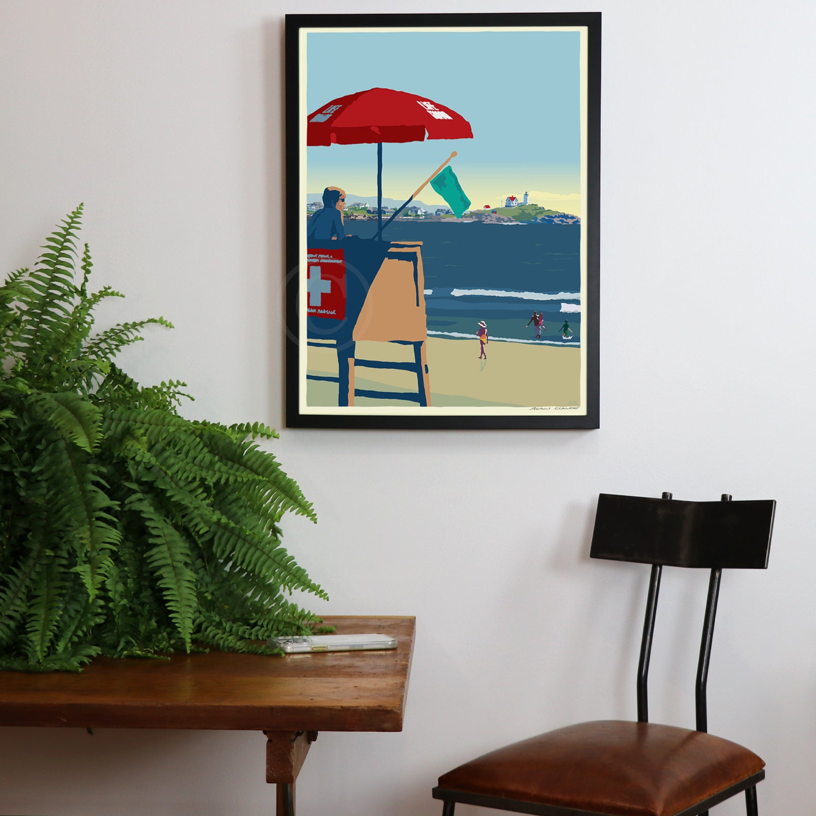 Lifeguard At The Nubble Light Art Print 18" x 24" Framed Wall Poster By Alan Claude - Maine