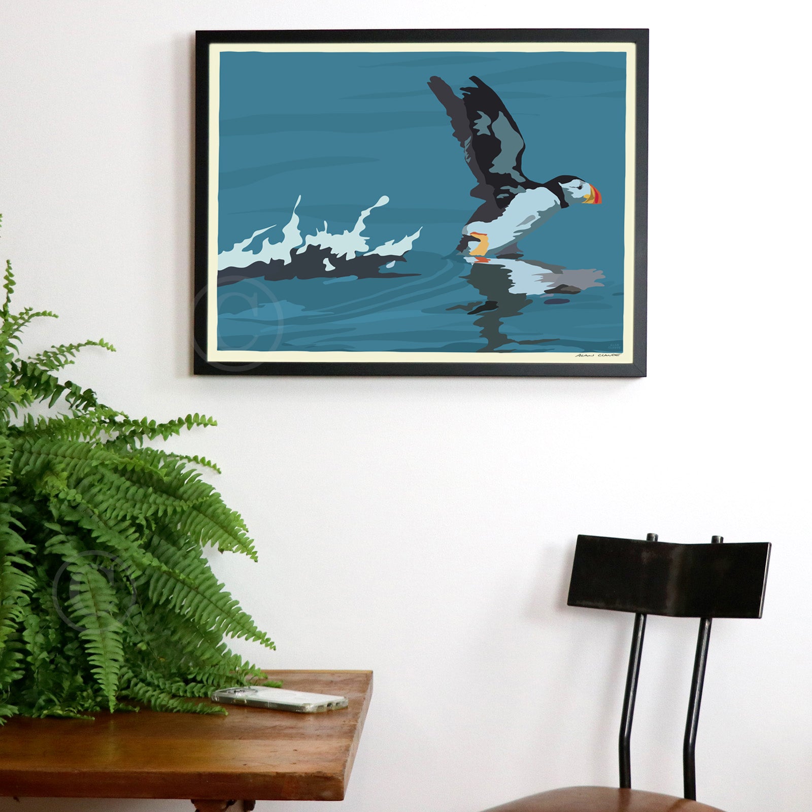 Puffin Takes Flight Art Print 18" x 24" Framed Wall Poster - Maine