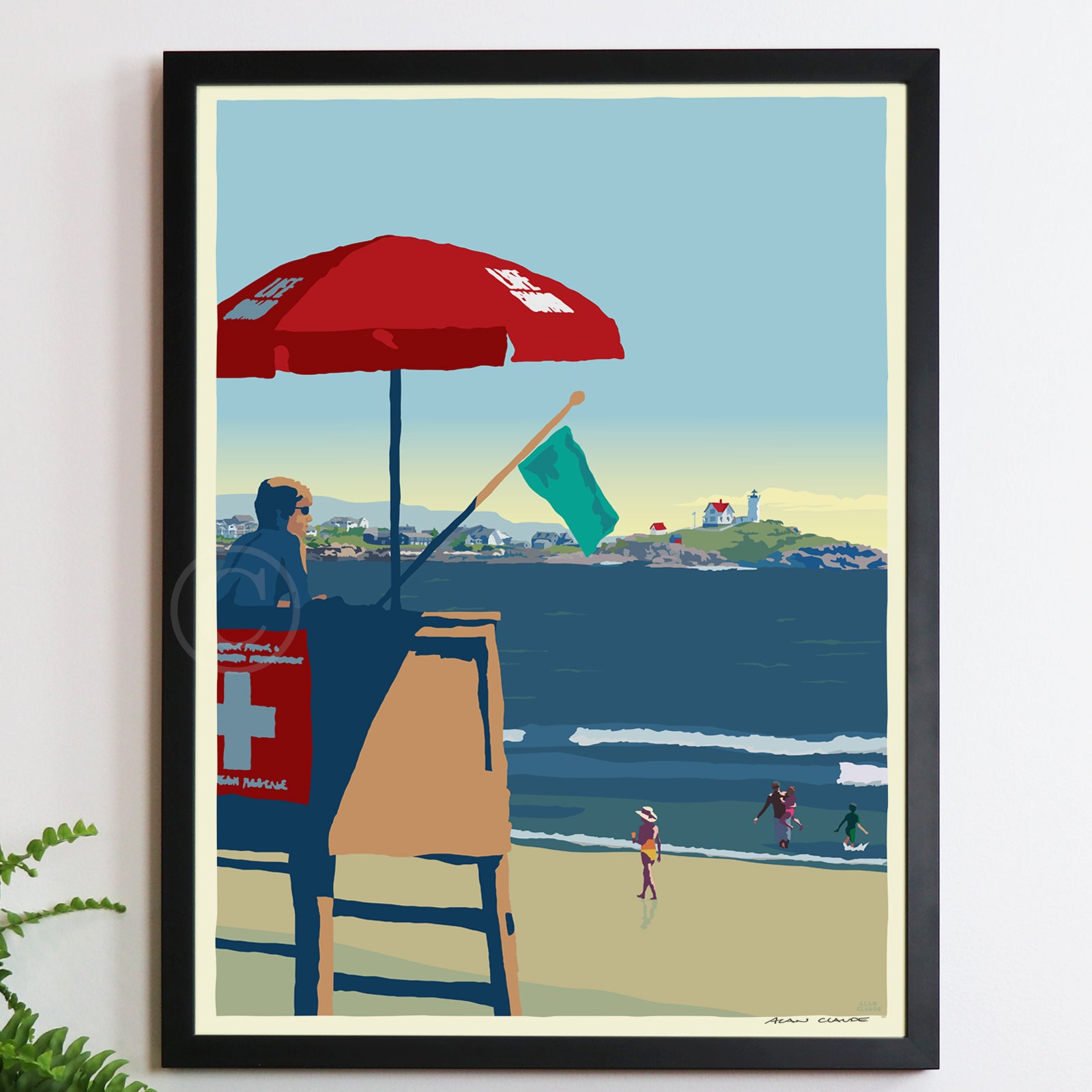 Lifeguard At The Nubble Light Art Print 18" x 24" Framed Wall Poster By Alan Claude - Maine